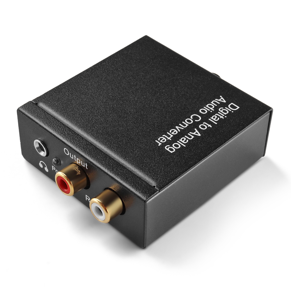 Converts Coaxial or Toslink Optical digital audio to analog RCA L/R audio and 3.5mm audio output simultaneously