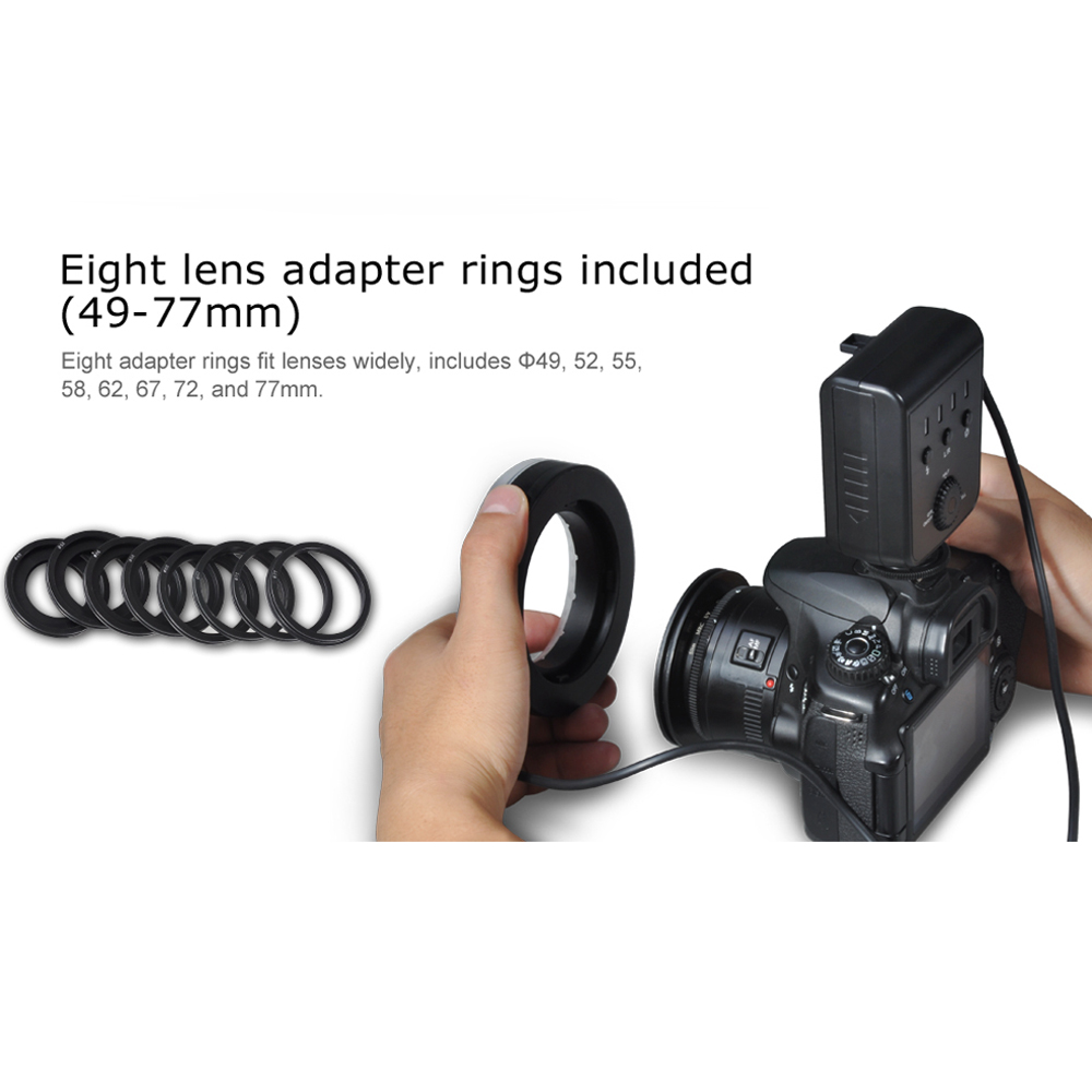Eight lens adapter rings included (49-77mm), includes 49, 52, 55, 58, 62, 67, 72, and 77mm