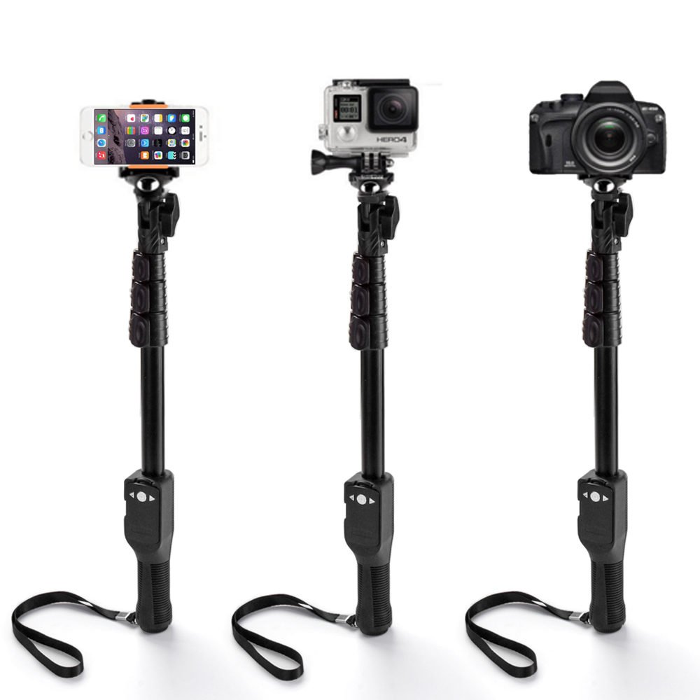 Heavy duty, professional built, with wrist strap prevents monopod from falling from hand; Removable and rechargeable Bluetooth wireless camera remote control shutter