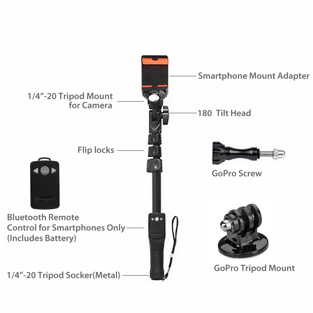 Adjustable phone mount (2.2 to 3.5 inch), non-slip sure grip rubber handle - Removable Bluetooth remote - Rechargeable battery, 300 hours standby, 1.5-2 hours full charge
