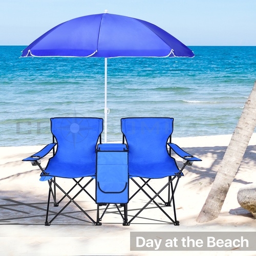 Double Folding Chair Umbrella Table Cooler Fold Up Beach Picnic Camping 