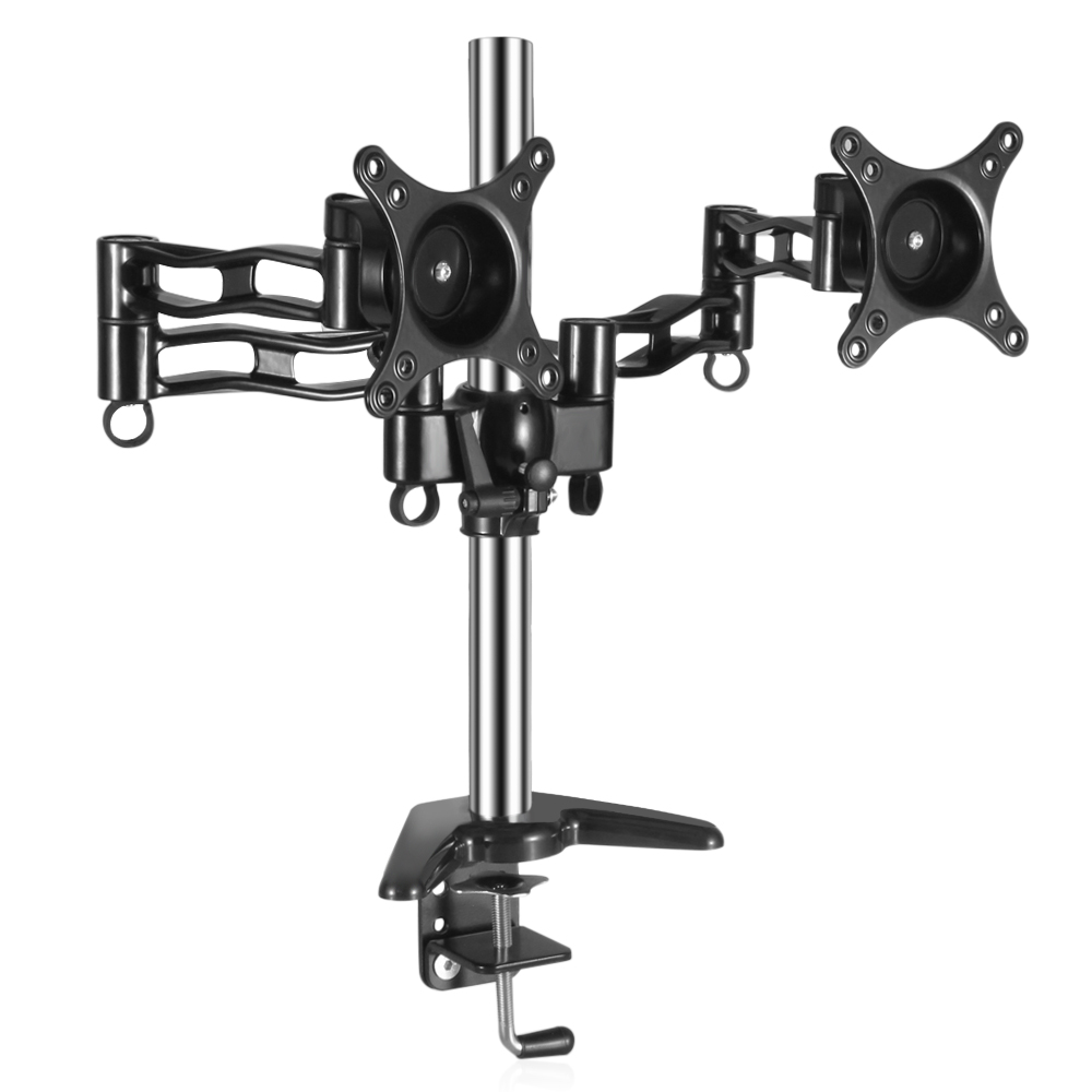 Dual Monitor Stand Mount - Dual Arm Monitor Desk Stand Riser w/ VESA Mount Bracket Fully Adjustable For Computer Flat Screen LCD Display 10 - 27" Motion Tilt Swivel Rotate with Clamp Grommet Base