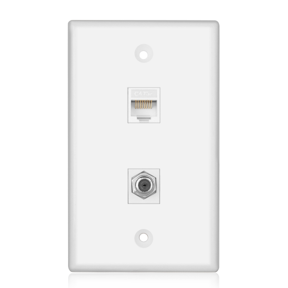 Coaxial Connector Ethernet Network Wall Plate Dual 2 Port Combo - Video Coax F Connector with Cat5 Cat5e Cat6 RJ45 RJ45 Jack Socket Wiring Plug Jack Decorative Face Cover Outlet Mount Panel