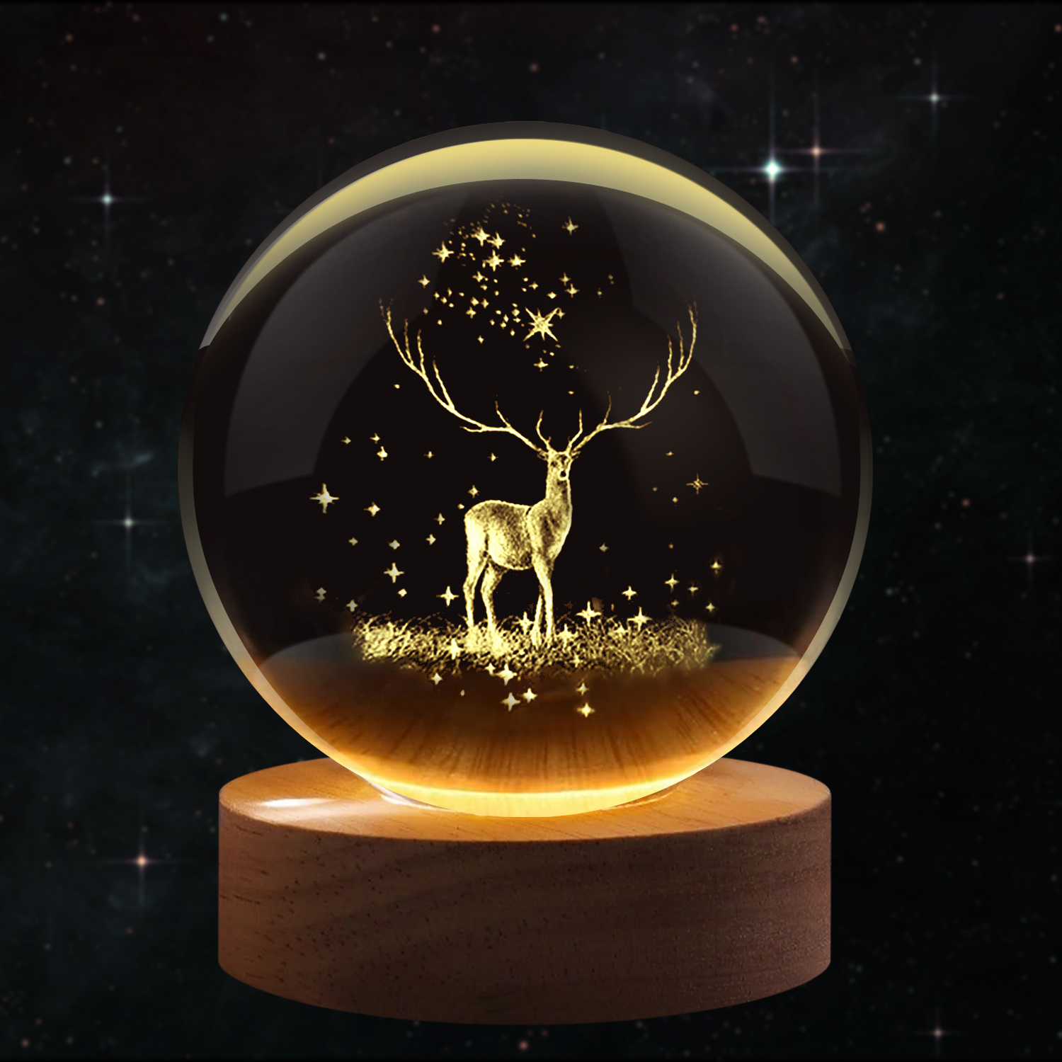 3D Elk Crystal Ball Night Light - LED Glass Hologram Lamp, Sphere Glass Light with Solid Wood Base, USB Powered Balls Lamp with Adjustable Brightness, 60mm