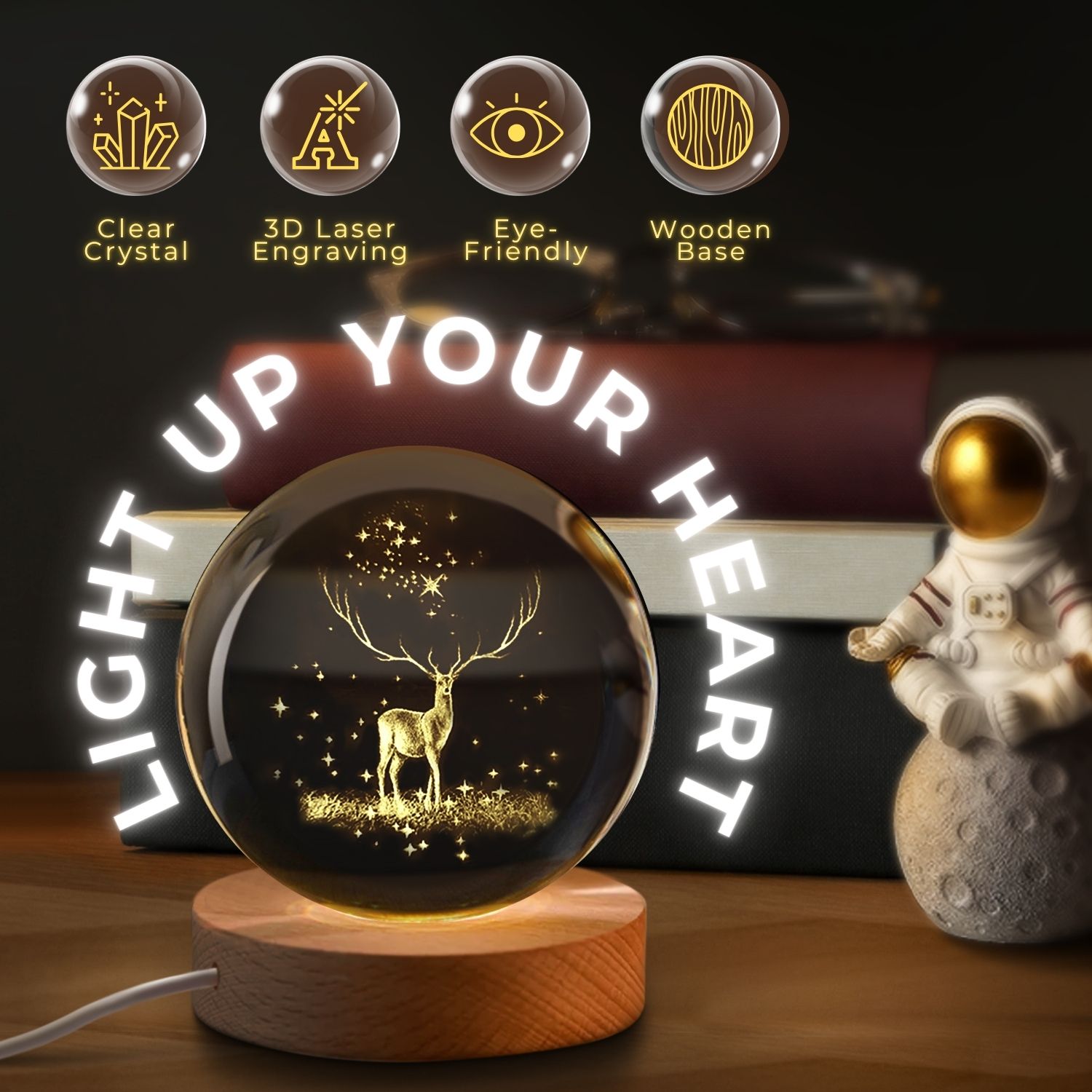 Illuminating Crystal Ball Light - Energy-efficient LED Elk crystal ball casts a soothing glow. A single press for on/off and a long press adjusts the brightness to match your mood or setting
