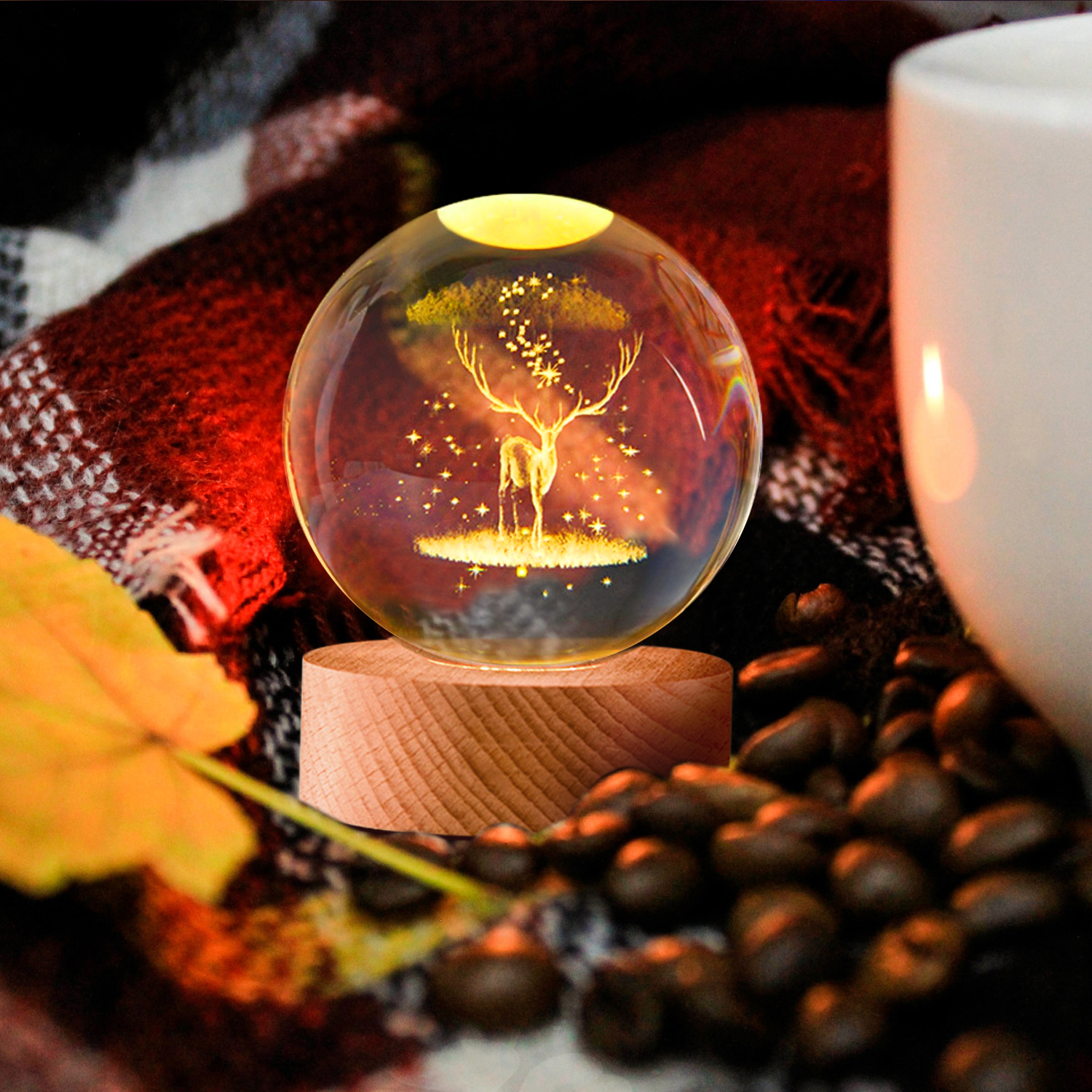 Compact Elk Lamp - With a 20mm high and 60mm diameter beech wood base, this compact 3D crystal ball night light is designed to seamlessly fit on nightstands, desks, or shelves without taking up excess space