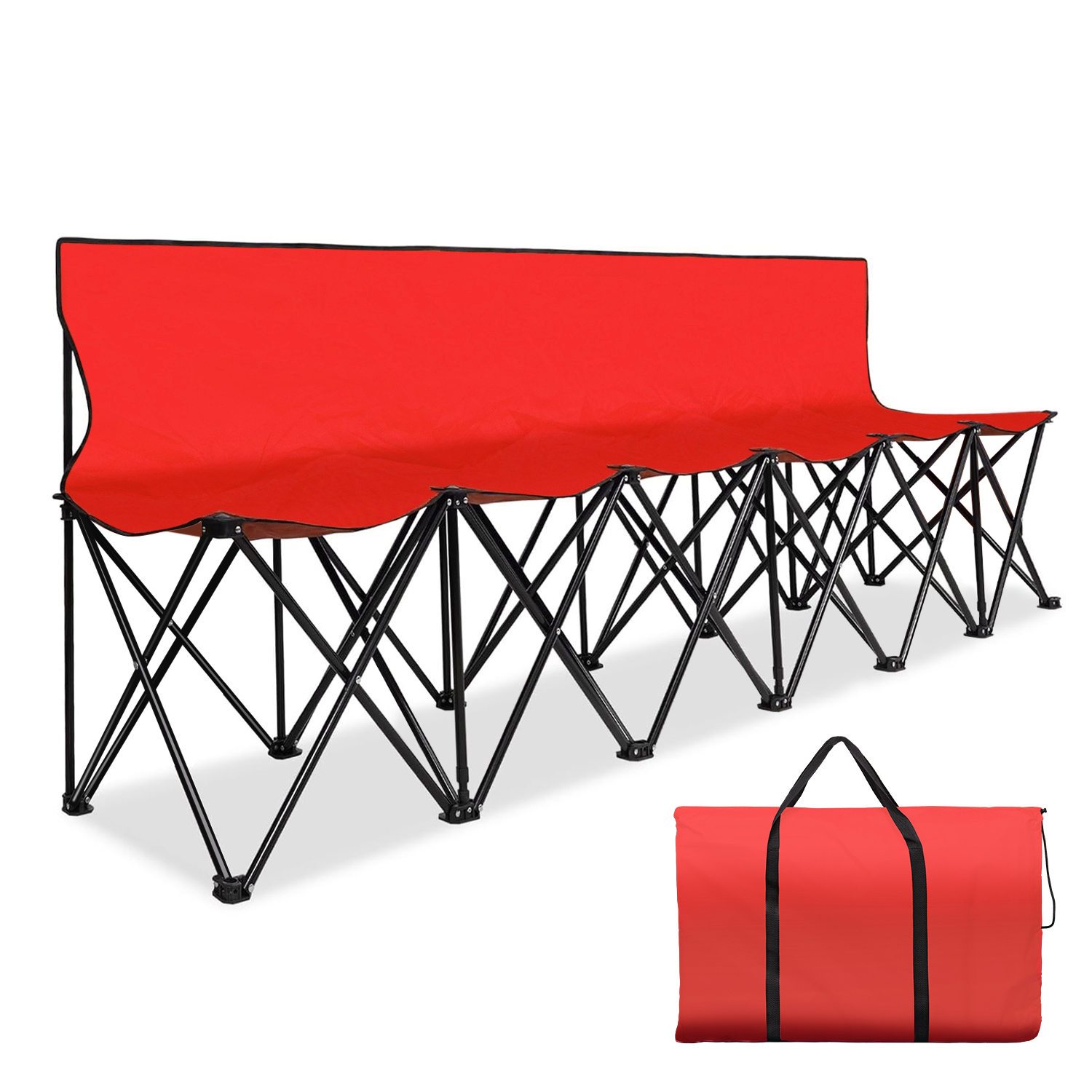 Flexzion Portable Folding Bench Seat, 6 Seater, Collapsible Soccer Bench, Portable Bench Seats for Bleachers, Camping, Sideline, with Back Rest and Carrying Bag, Red