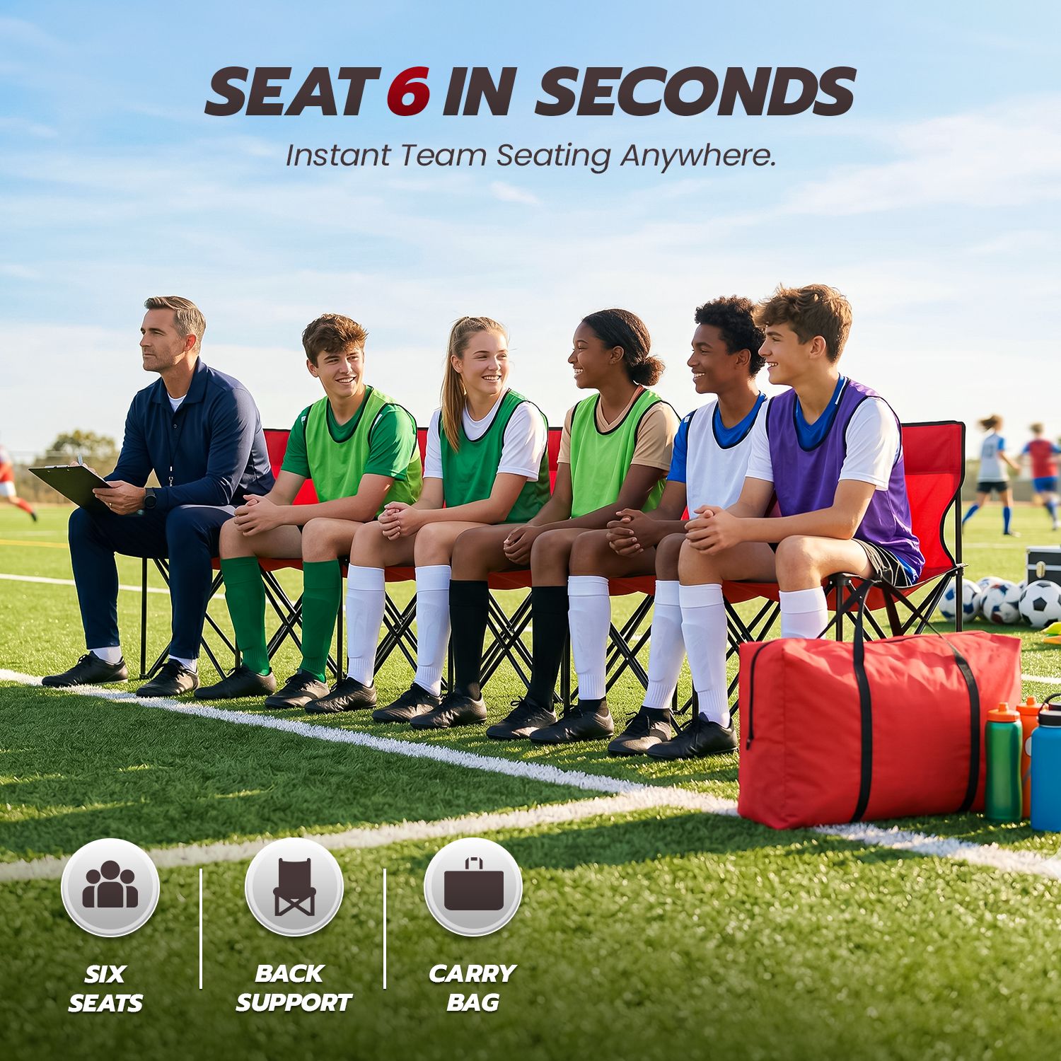 Flexzion Portable Folding Bench Seat, 6 Seater, Collapsible Soccer Bench, Portable Bench Seats for Bleachers, Camping, Sideline, with Back Rest and Carrying Bag, Red