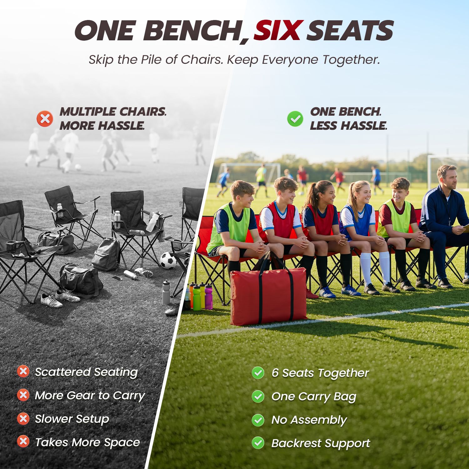 Flexzion Portable Folding Bench Seat, 6 Seater, Collapsible Soccer Bench, Portable Bench Seats for Bleachers, Camping, Sideline, with Back Rest and Carrying Bag, Red
