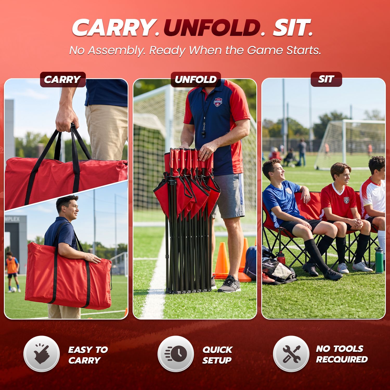 Flexzion Portable Folding Bench Seat, 6 Seater, Collapsible Soccer Bench, Portable Bench Seats for Bleachers, Camping, Sideline, with Back Rest and Carrying Bag, Red