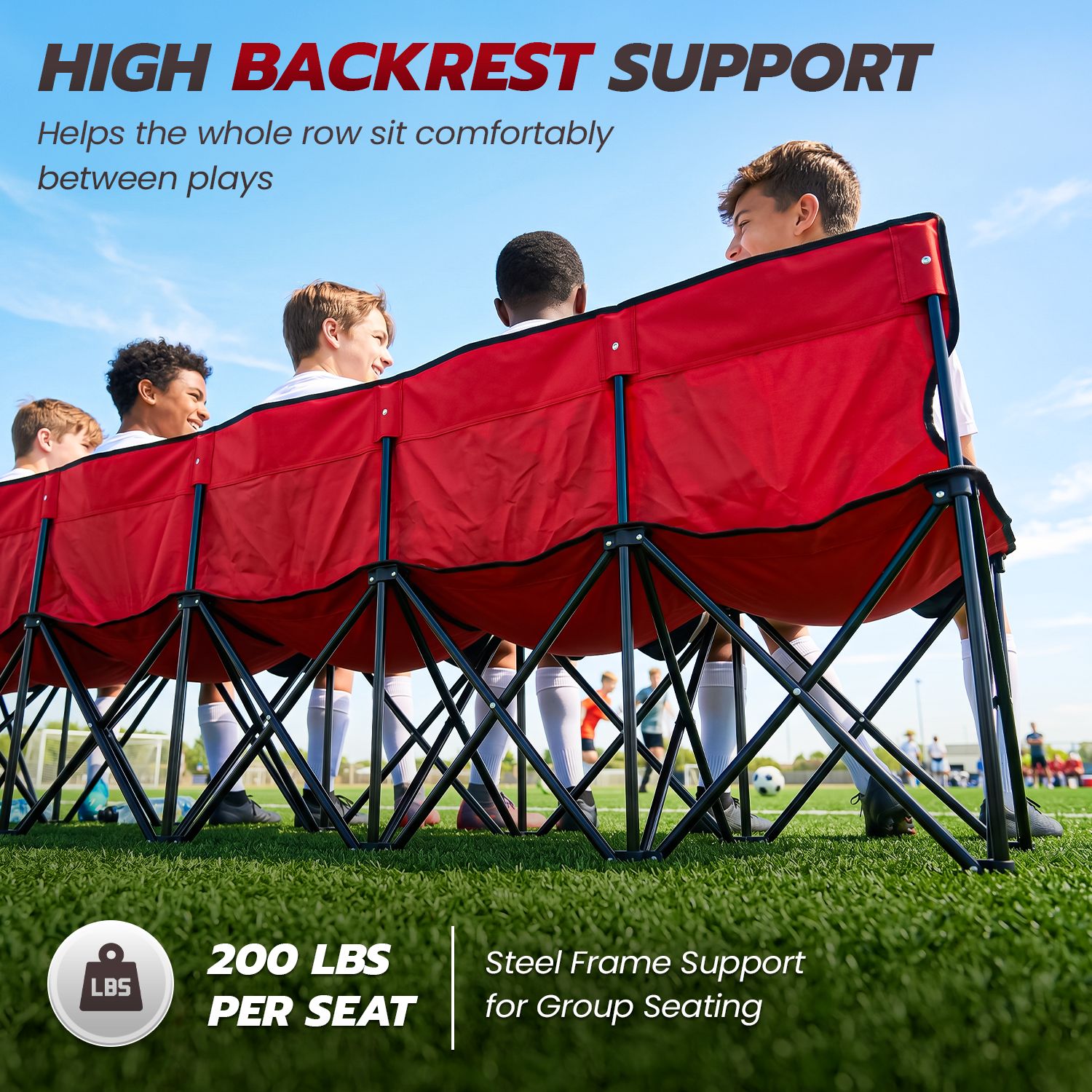 Flexzion Portable Folding Bench Seat, 6 Seater, Collapsible Soccer Bench, Portable Bench Seats for Bleachers, Camping, Sideline, with Back Rest and Carrying Bag, Red