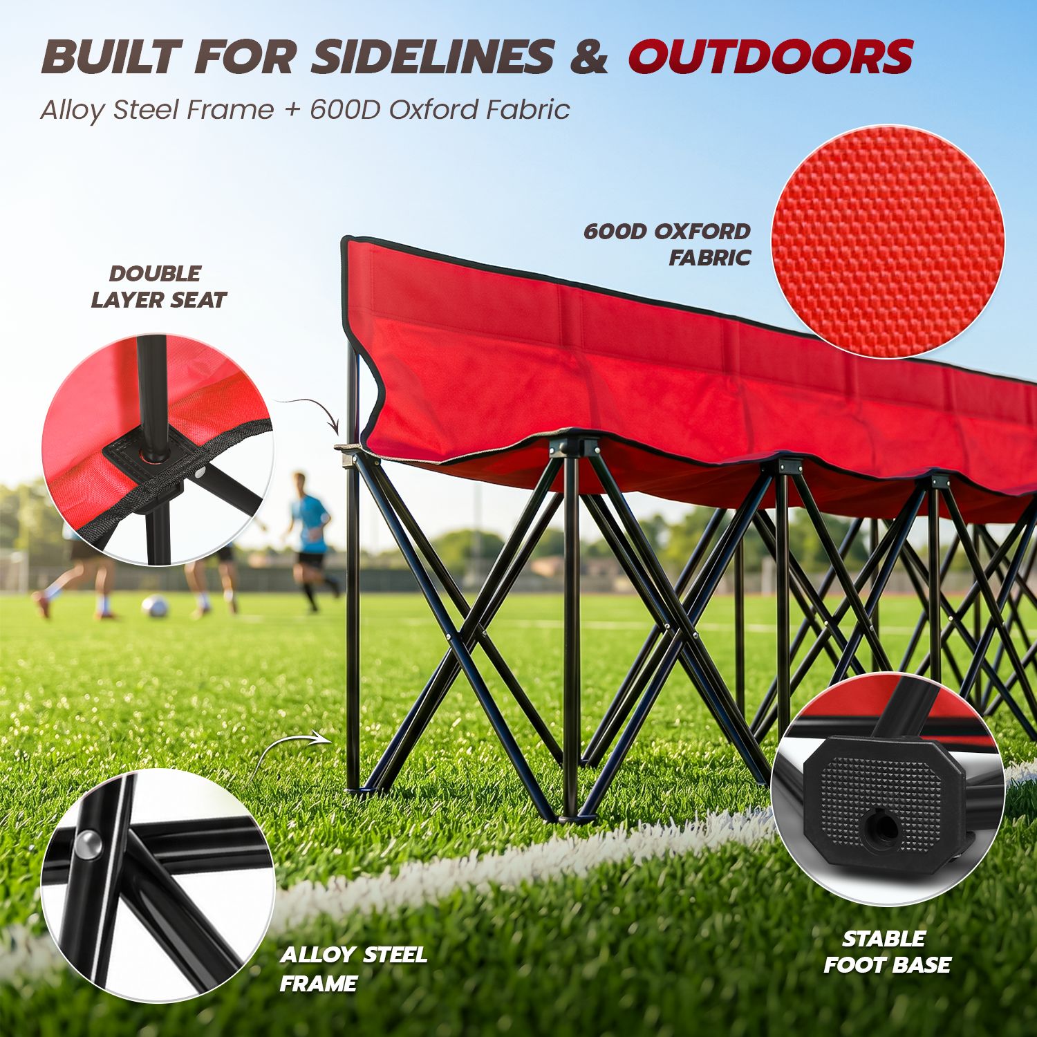 Flexzion Portable Folding Bench Seat, 6 Seater, Collapsible Soccer Bench, Portable Bench Seats for Bleachers, Camping, Sideline, with Back Rest and Carrying Bag, Red