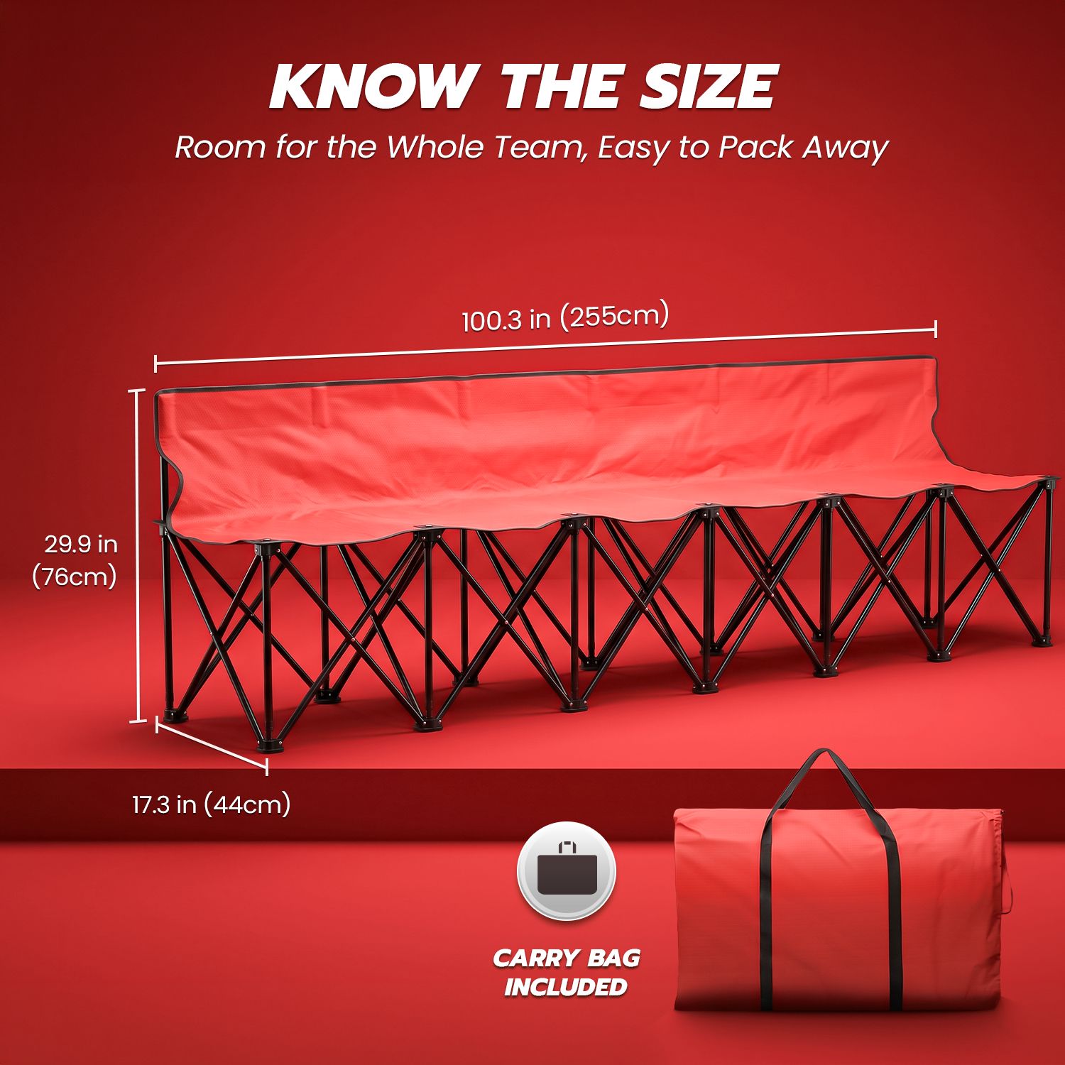 Flexzion Portable Folding Bench Seat, 6 Seater, Collapsible Soccer Bench, Portable Bench Seats for Bleachers, Camping, Sideline, with Back Rest and Carrying Bag, Red