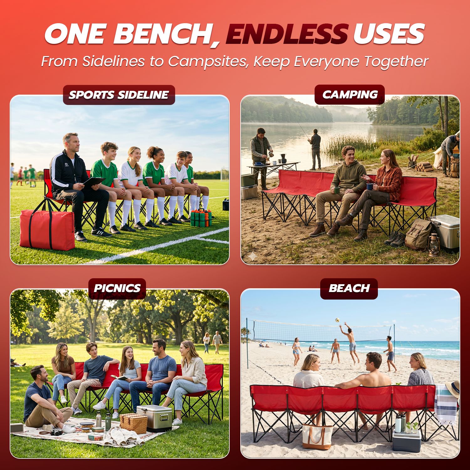 Flexzion Portable Folding Bench Seat, 6 Seater, Collapsible Soccer Bench, Portable Bench Seats for Bleachers, Camping, Sideline, with Back Rest and Carrying Bag, Red