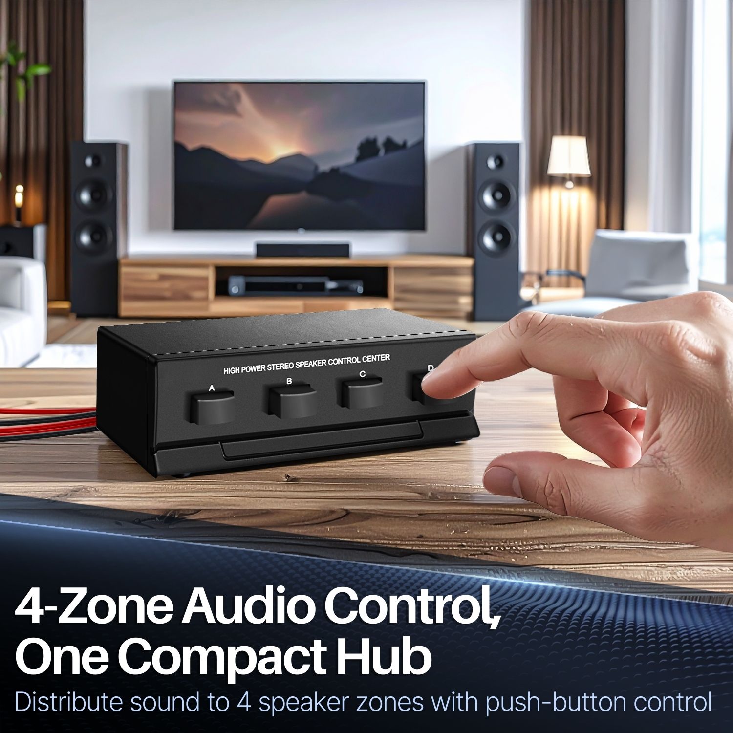 TNP Speaker Selector Switch Box - 4 Zone Channel High Power Stereo Amp Speaker Splitter with A/B/C/D Control Switcher, Spring Clip Connectors, Plug and Play Design, Up to 100W Per Channel