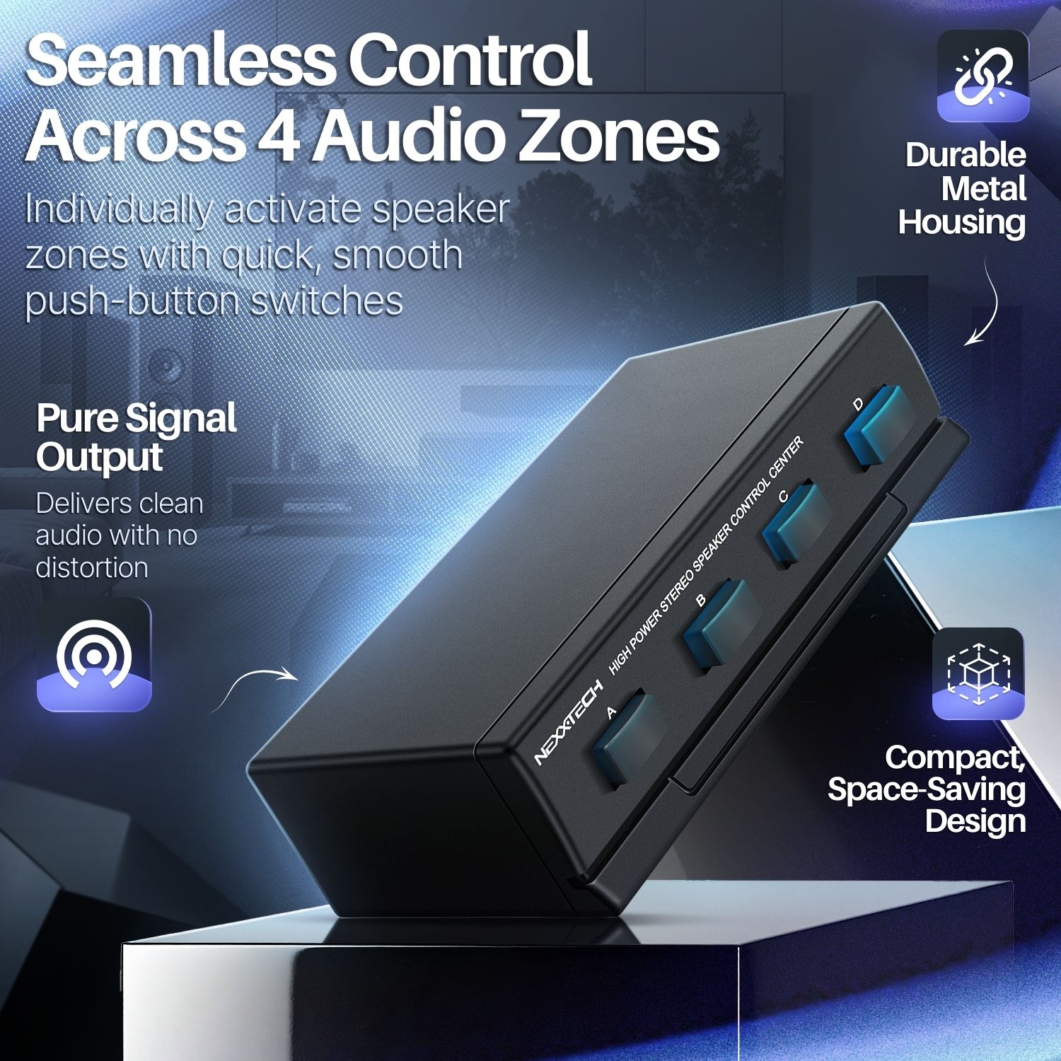 TNP Speaker Selector Switch Box - 4 Zone Channel High Power Stereo Amp Speaker Splitter with A/B/C/D Control Switcher, Spring Clip Connectors, Plug and Play Design, Up to 100W Per Channel