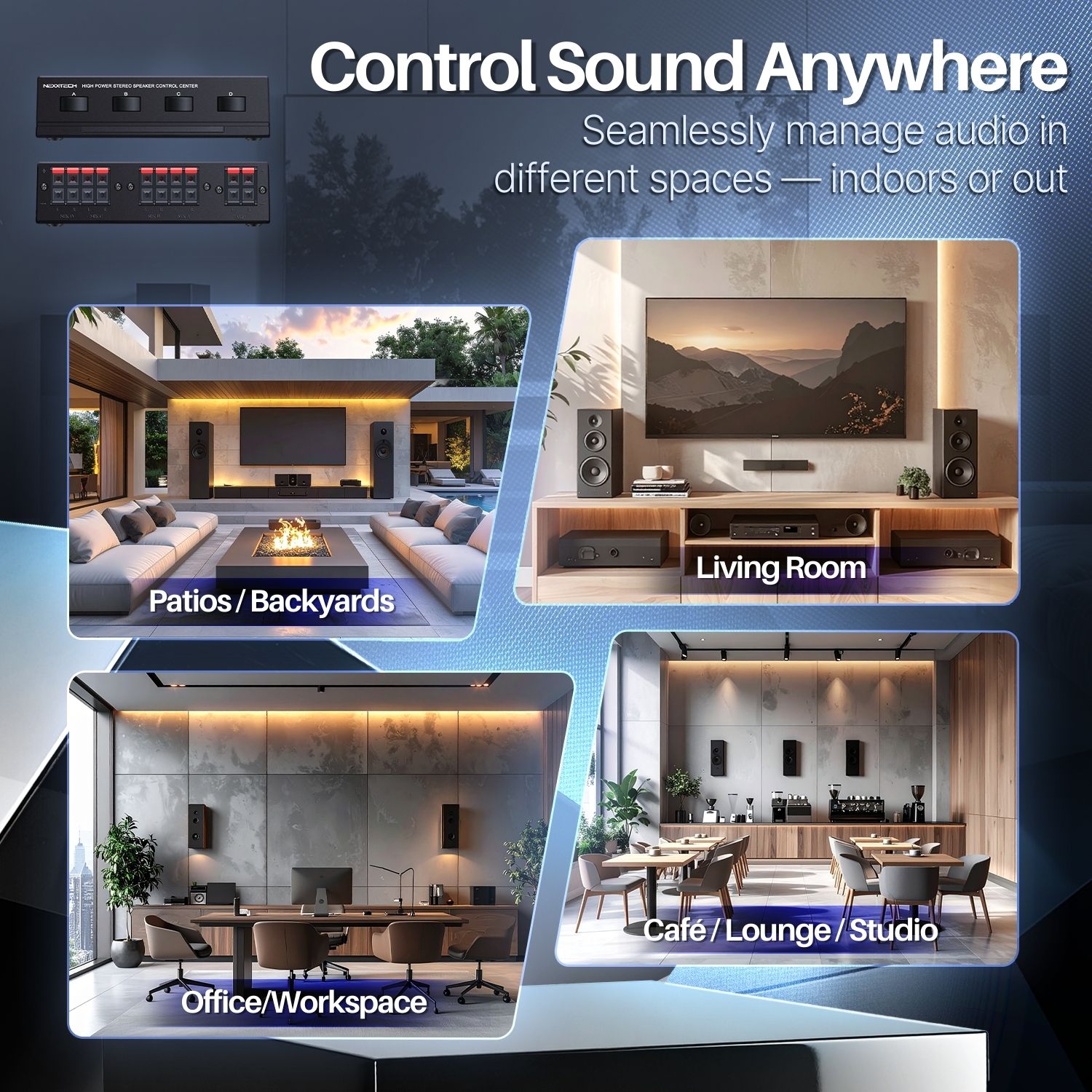 TNP Speaker Selector Switch Box - 4 Zone Channel High Power Stereo Amp Speaker Splitter with A/B/C/D Control Switcher, Spring Clip Connectors, Plug and Play Design, Up to 100W Per Channel
