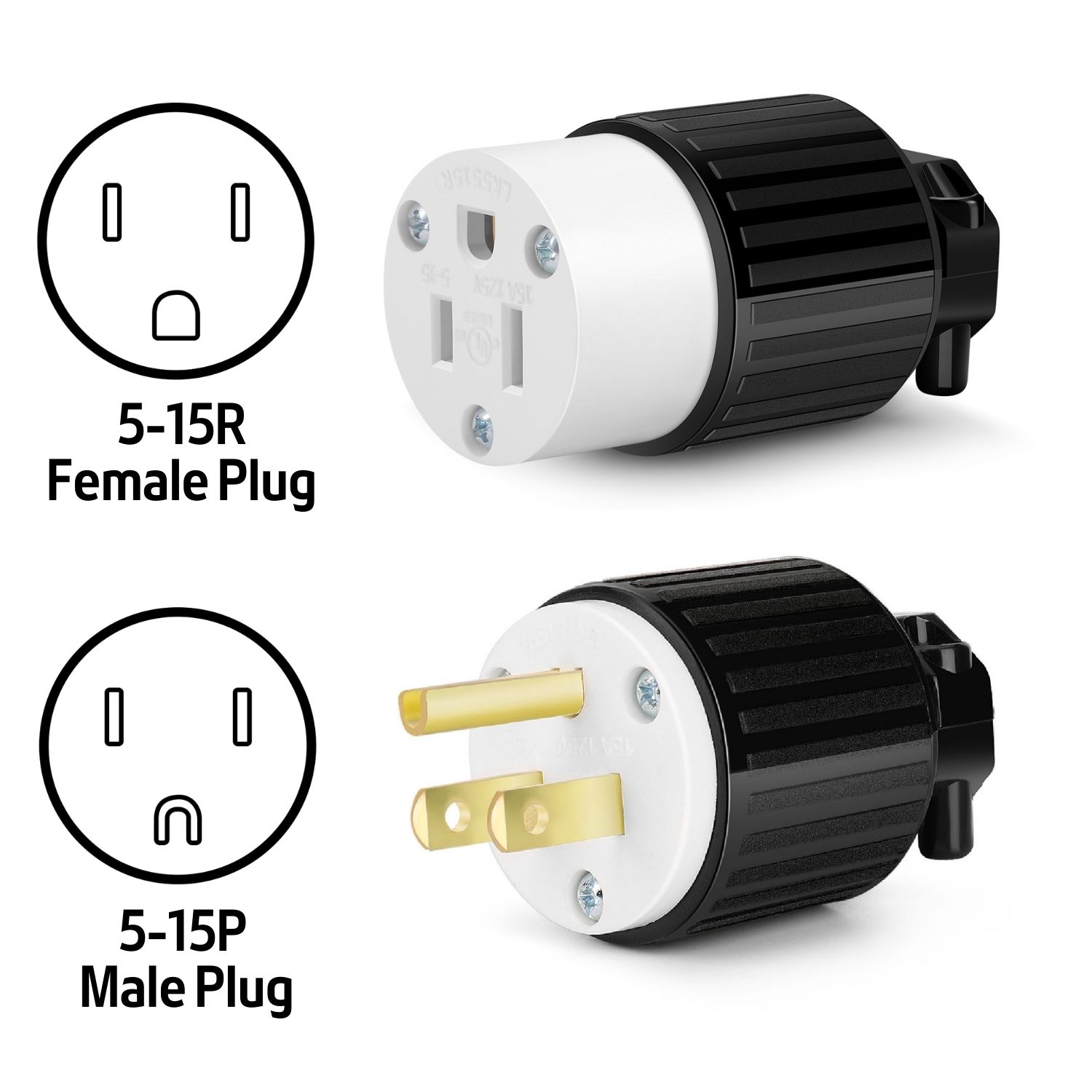 Female Plug End Grounded Plug Replacement 15 Amp 120v125 Volt, NEMA 5