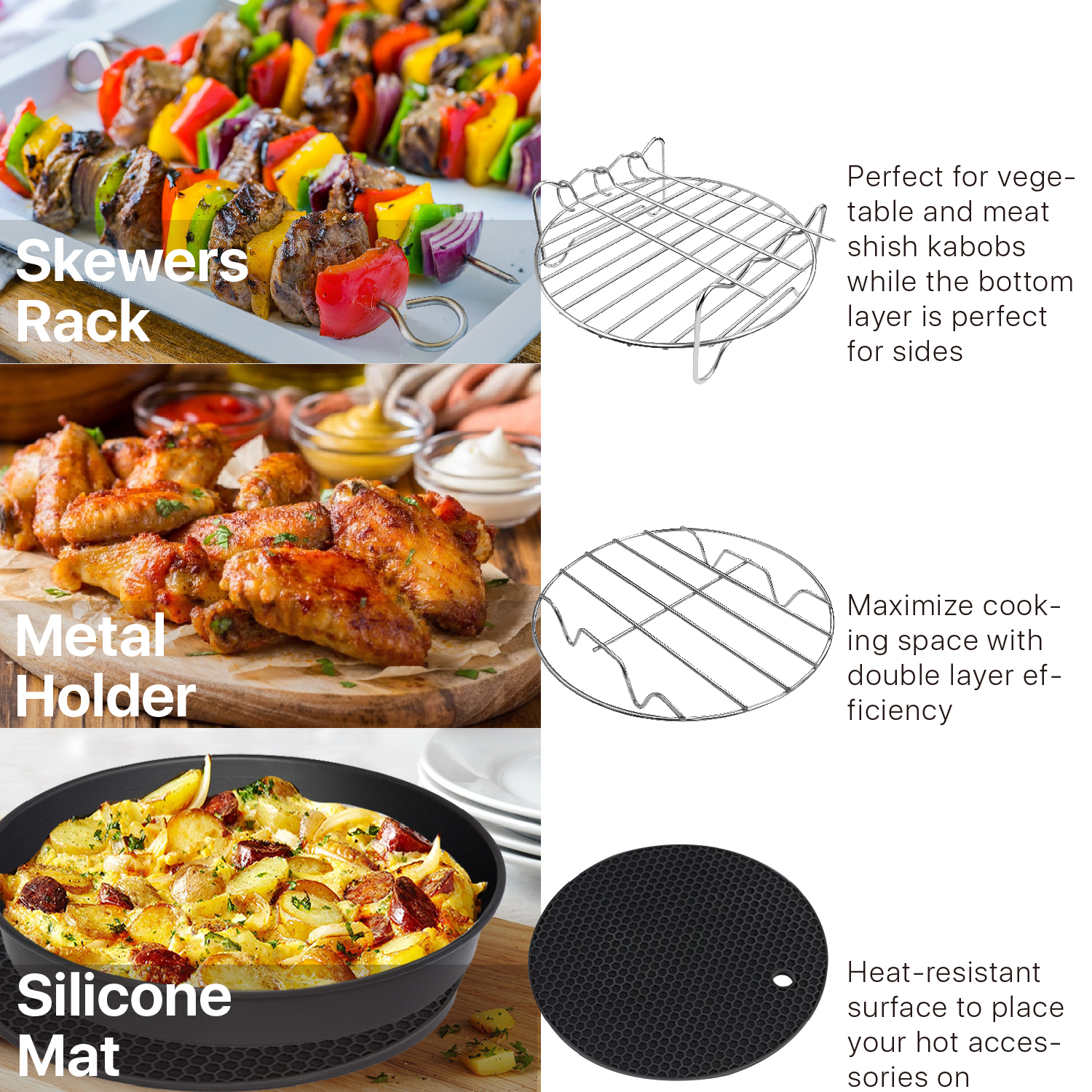 Easy to Clean and Maintain - Air Fryer Pans Accessories are dishwasher safe, non-stick coating pans, metal rack, and heat-resistant mat & silicone molds, which are durable and easy to clean up&mdash;made with convenience in mind.