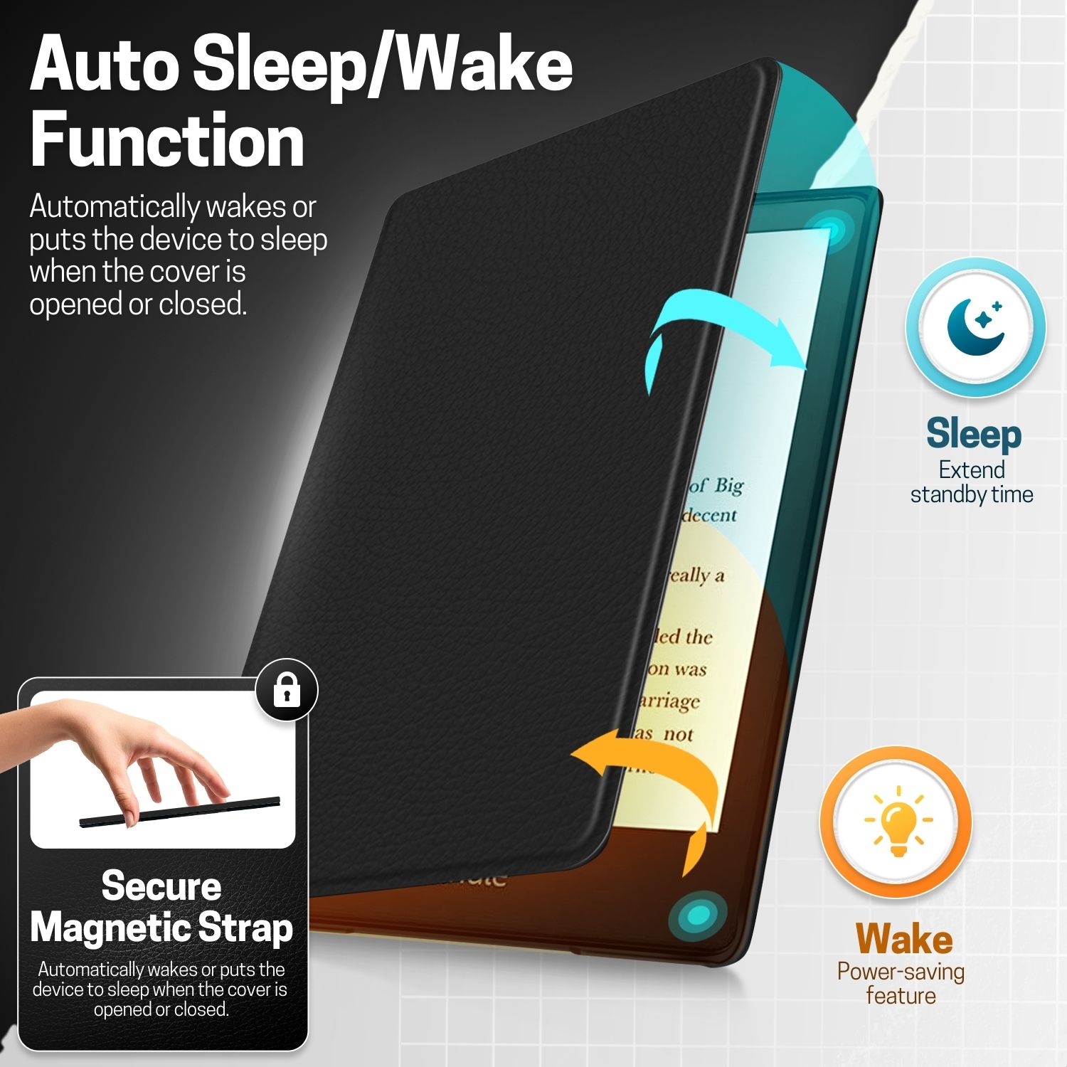 Automatically wakes or puts your device to sleep when the lid is opened and closed; Cover folds back for easy one-handed reading
