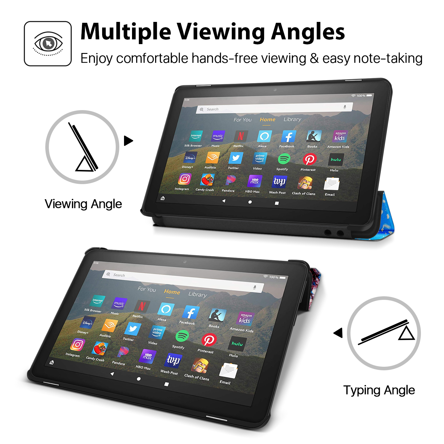 Automatically wakes or puts your device to sleep when the lid is opened and closed; Trifold cover can be folded back for easy one-handed reading, hands-free viewing in landscape orientations, or typing on the desk