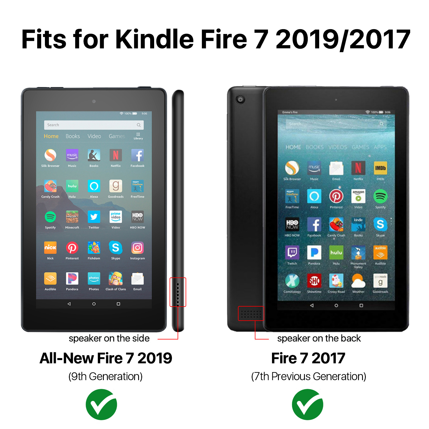 Designed specifically for Amazon Fire 7 (9th & 7th Generation) 2019/2017 Release; Precise cut-outs and openings give you easy access to all button controls, cameras, and charge ports
