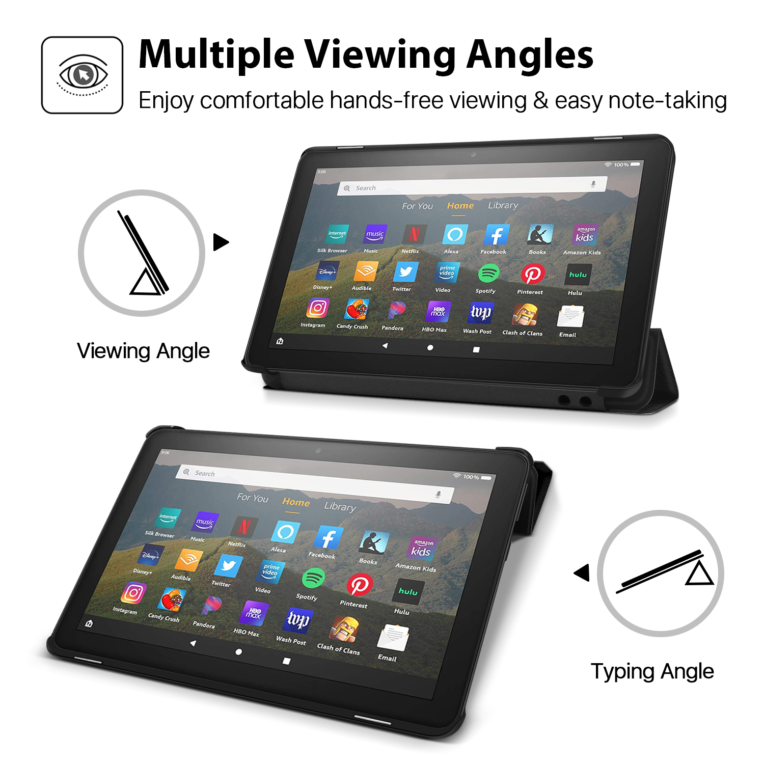 Automatically wakes or puts your device to sleep when the lid is opened and closed; Trifold cover can be folded back for easy one-handed reading, hands-free viewing in landscape orientations, or typing on the desk