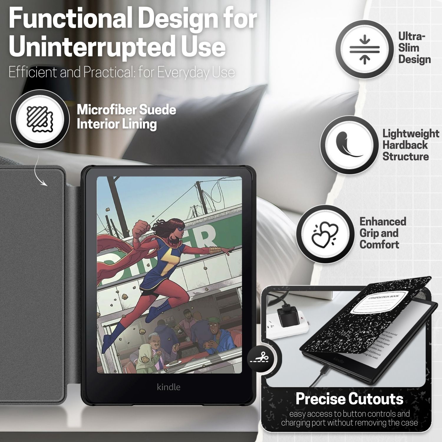 Ultra-slim lightweight protective hardback with premium quality synthetic leather; Microfiber suede interior lining to protect your device from scuffs and scratches and adds layer of protection and comfort