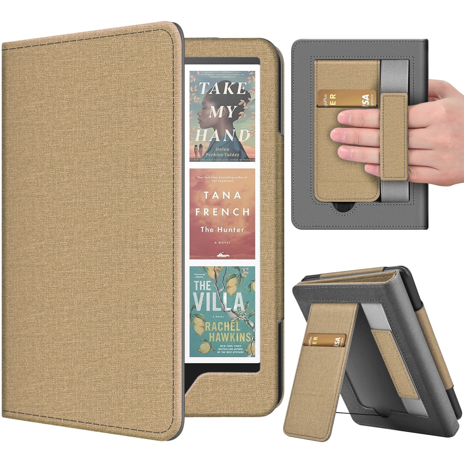 TNP Stand Case for Kindle Paperwhite 12th Generation 2024 / Kindle Colorsoft Signature Edition with Hand Strap & Card Slot - 7" PU Leather Protective Folio Cover with Auto Wake/Sleep, Gold