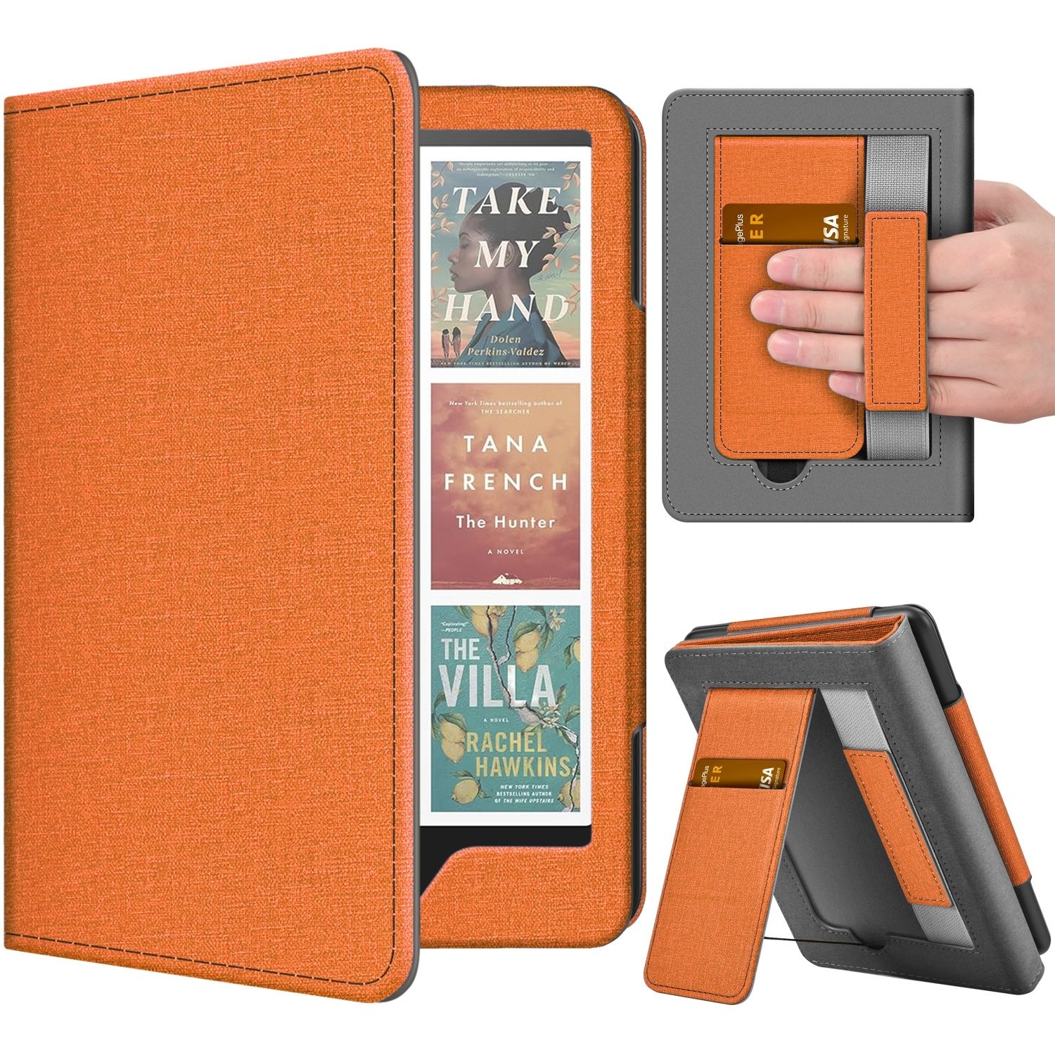 TNP Stand Case for Kindle Paperwhite 12th Generation 2024 / Kindle Colorsoft Signature Edition with Hand Strap & Card Slot - 7" PU Leather Protective Folio Cover with Auto Wake/Sleep, Orange