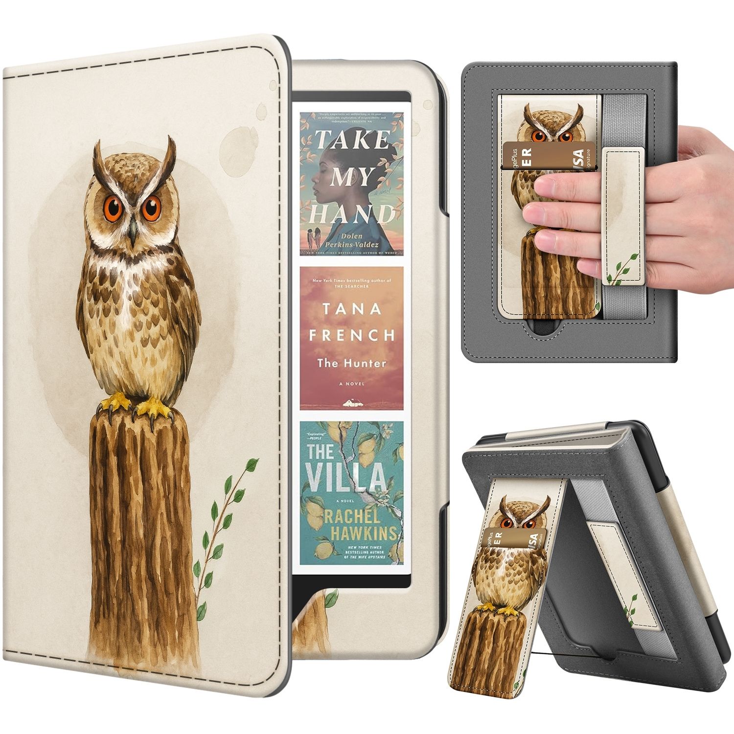 TNP Stand Case for Kindle Paperwhite 12th Generation 2024 / Kindle Colorsoft Signature Edition with Hand Strap & Card Slot - 7" PU Leather Protective Folio Cover with Auto Wake/Sleep, Owl in the tree