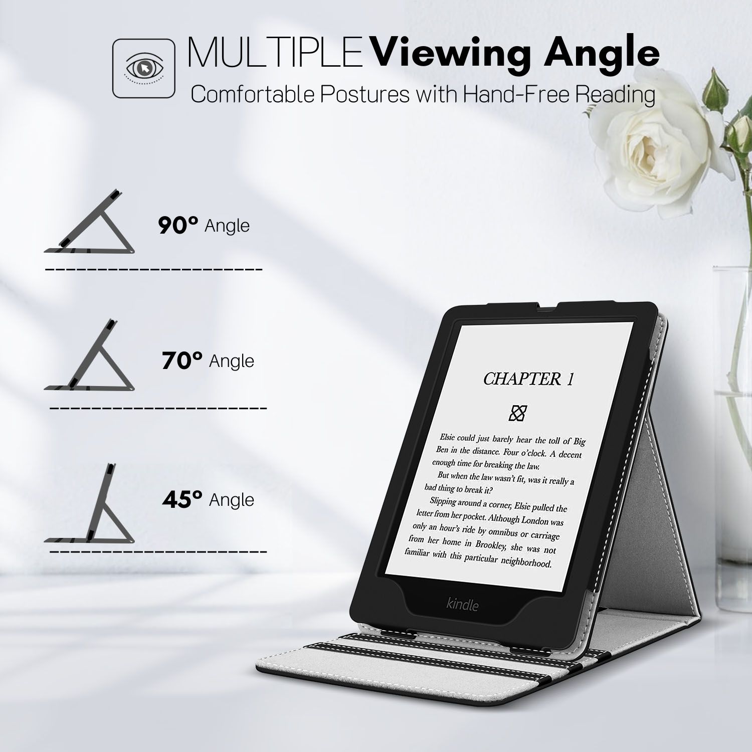 Vertical Flip Stand Design - Makes reading more convenient and provides three adjustable standing heights. The vertical orientation/flip makes it so you can read it hands free sitting at a table, in bed, and anywhere without straining your neck