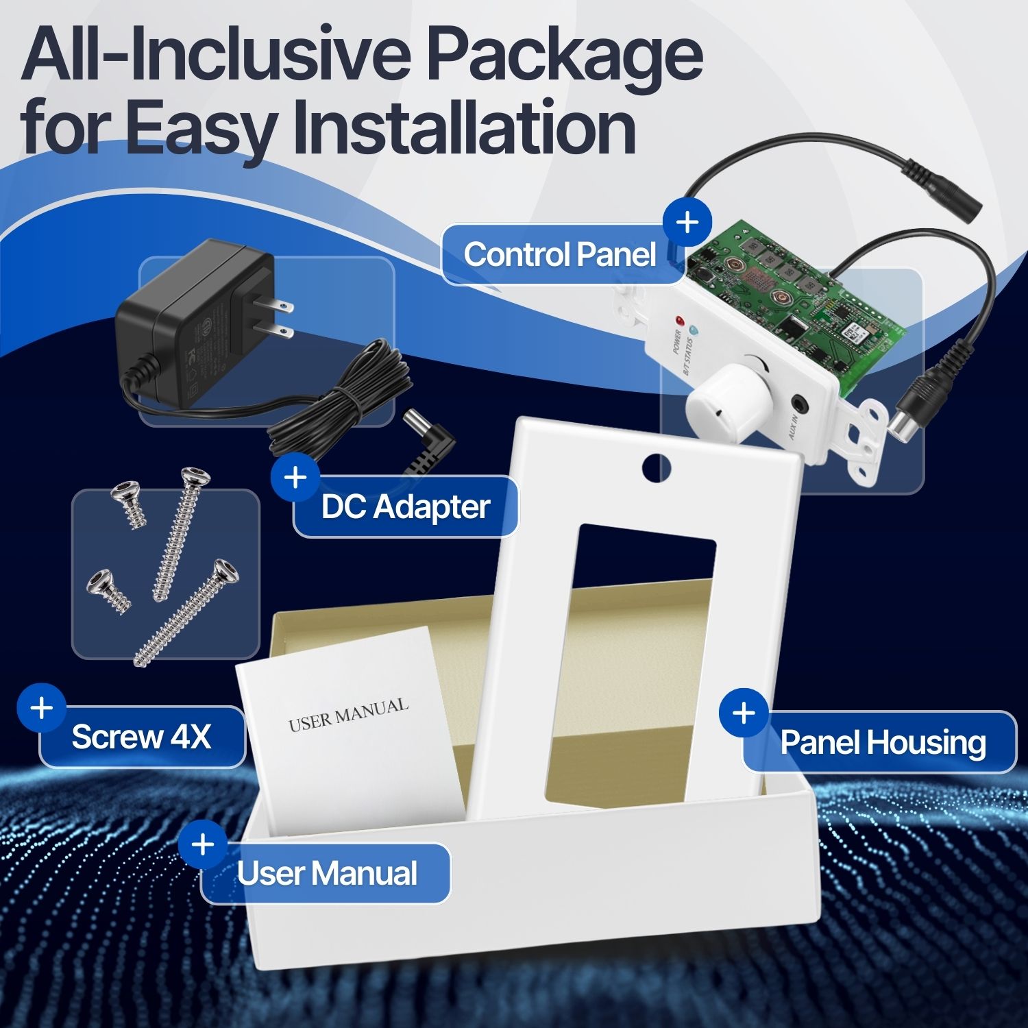 Bluetooth 4.2 aptX Audio Receiver Wall Mount Plate 30W Amp w/ 3.5mm AUX