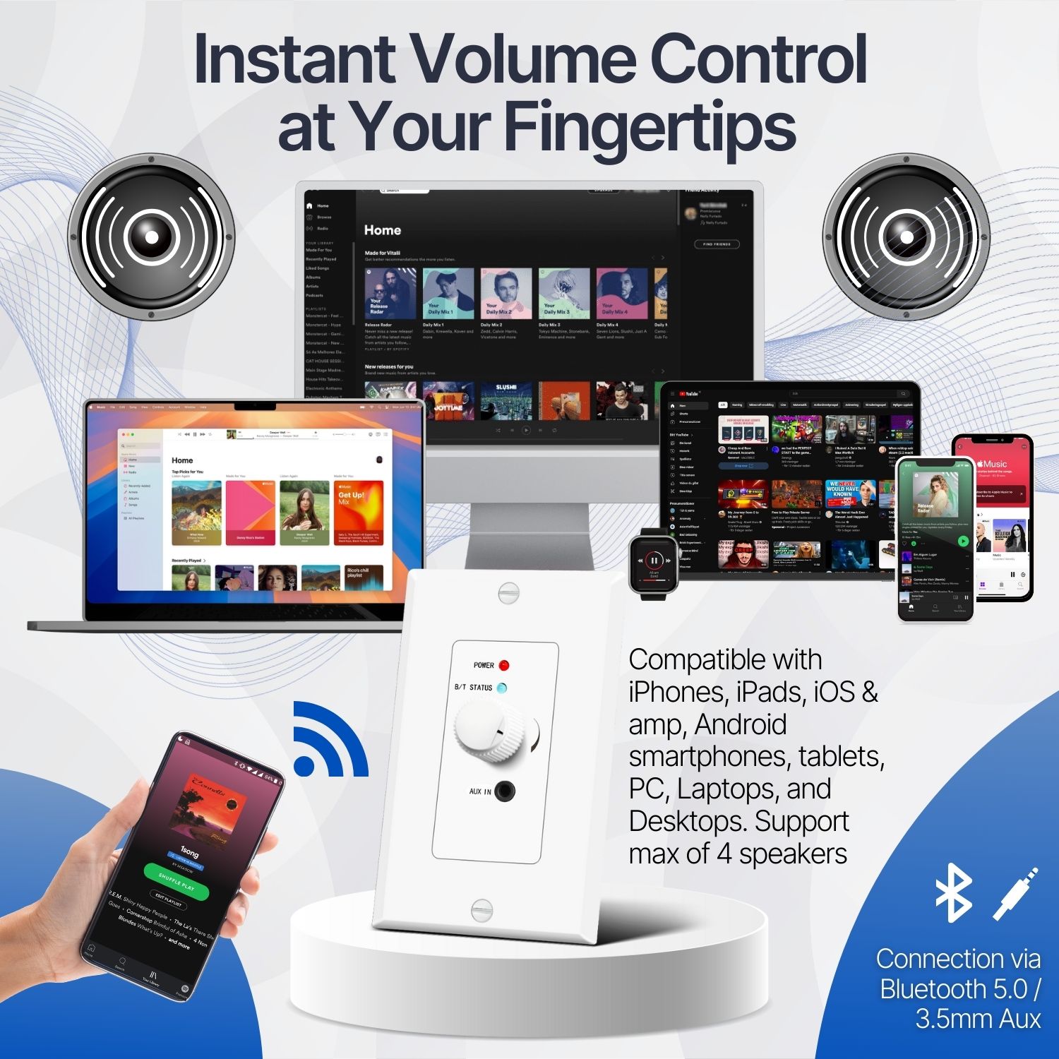 Bluetooth 4.2 aptX Audio Receiver Wall Mount Plate 30W Amp w/ 3.5mm AUX