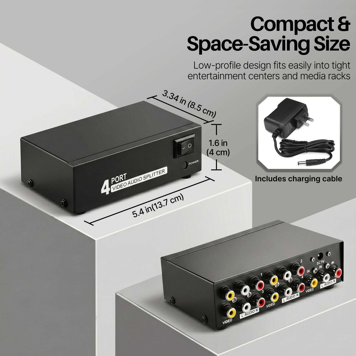 AV Splitter 1 In 4 Out 3 RCA Composite Video L/R Audio Splitter Amplifier Distribution Split Box for Cable Box DVD DVR Analog TV