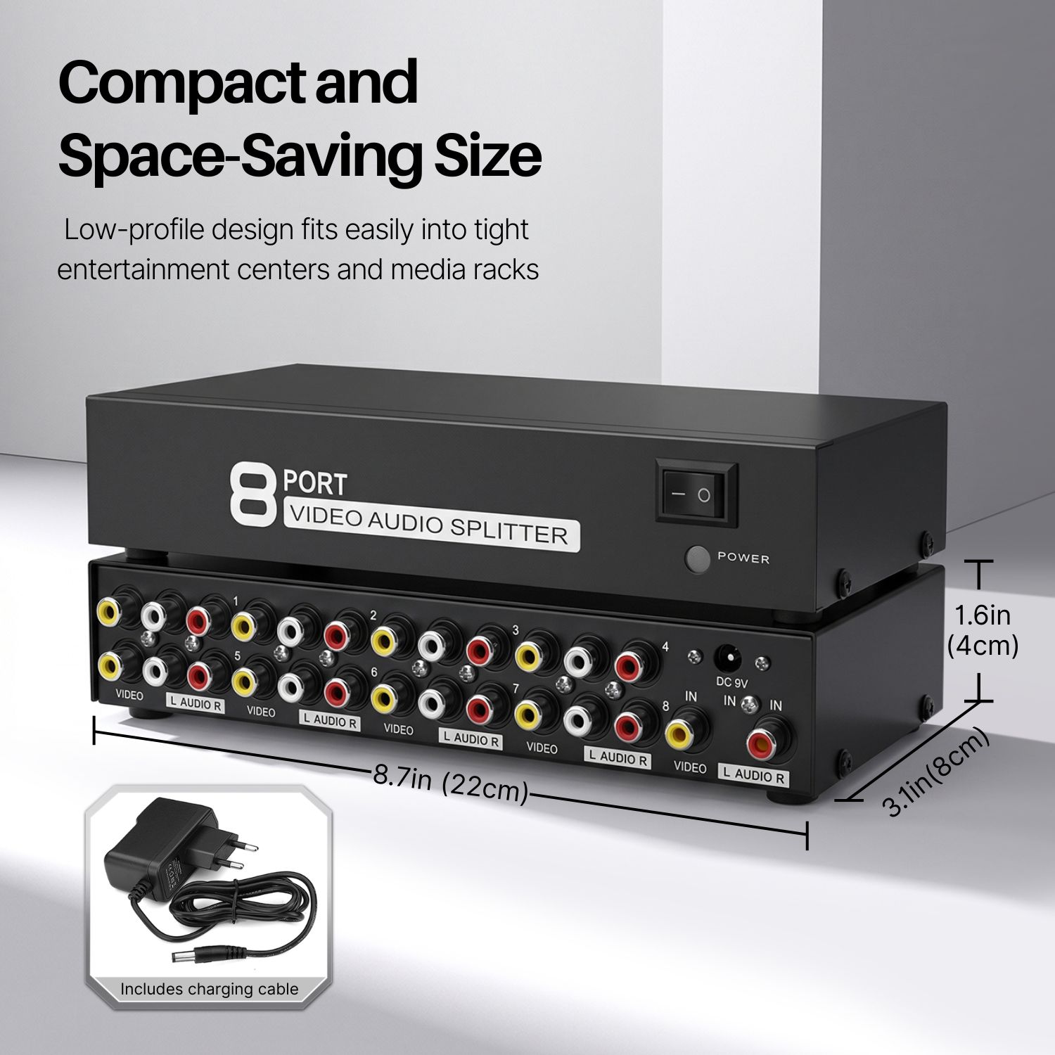 AV Splitter 1 In 8 Out 3RCA Composite Video L/R Audio Amplifier
