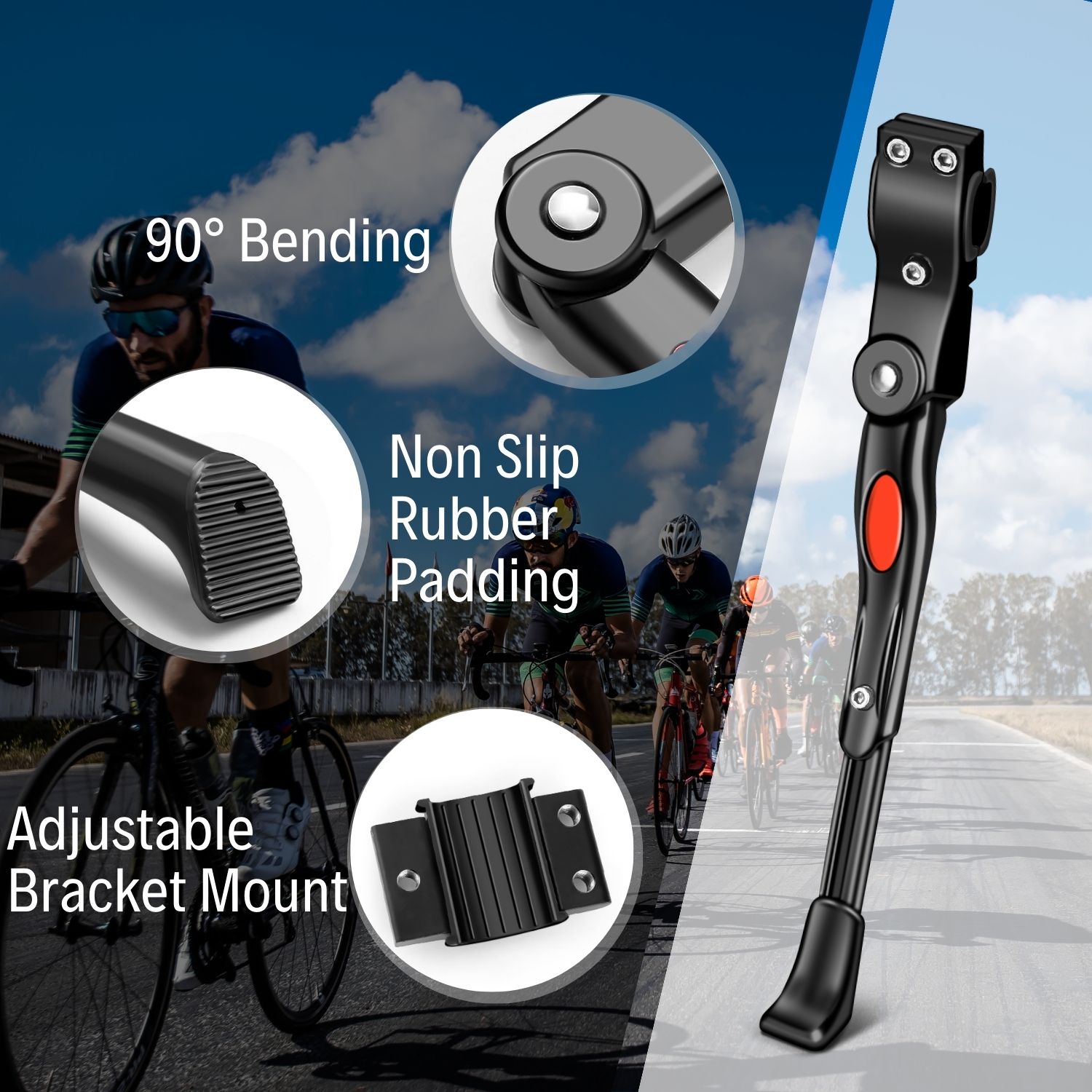 Height Adjustable and Waterproof - Easy to adjust the length of the kick stand with a hex key. wear-resisting, very durable to use. This bicycle stand features a safety reflector, which keeps the bicycle visible in the dark