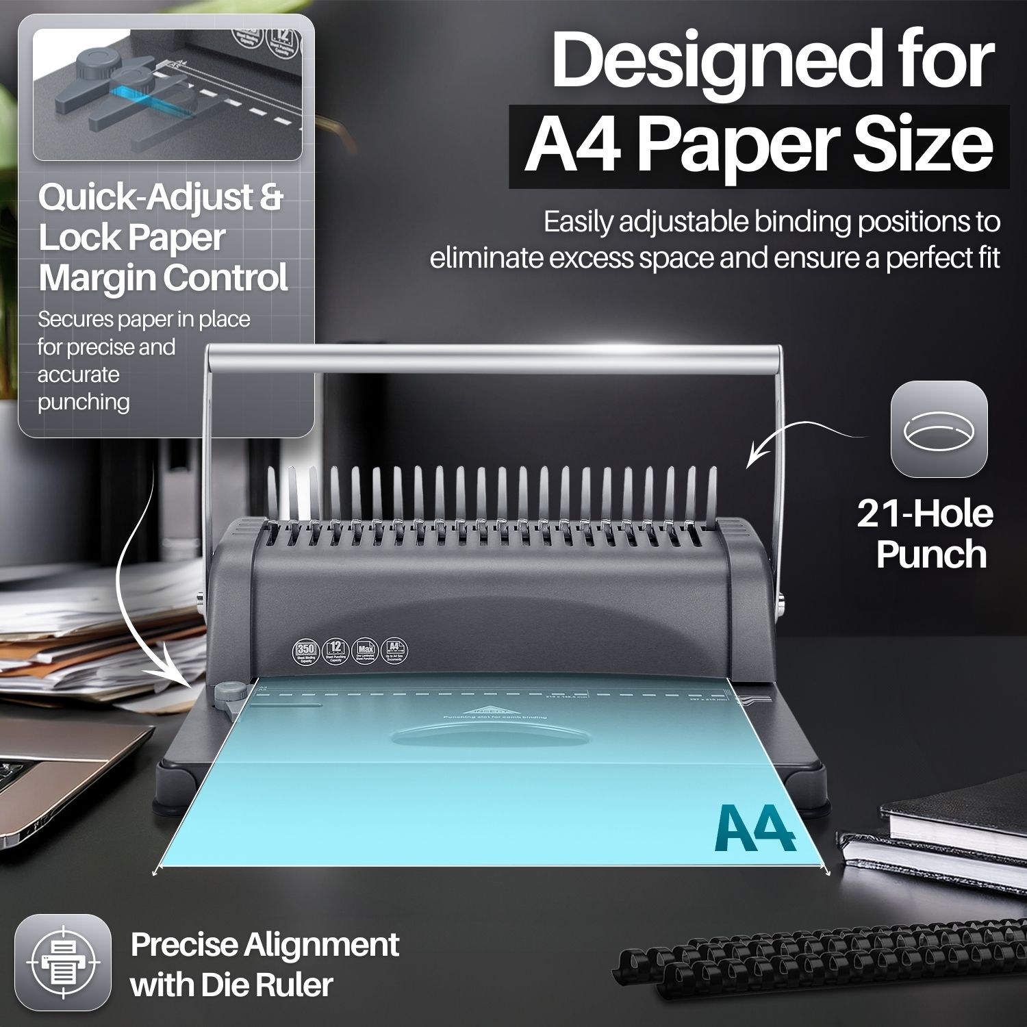 21Hole 250 Sheets Paper Comb Punch Binder Machine Binding Report