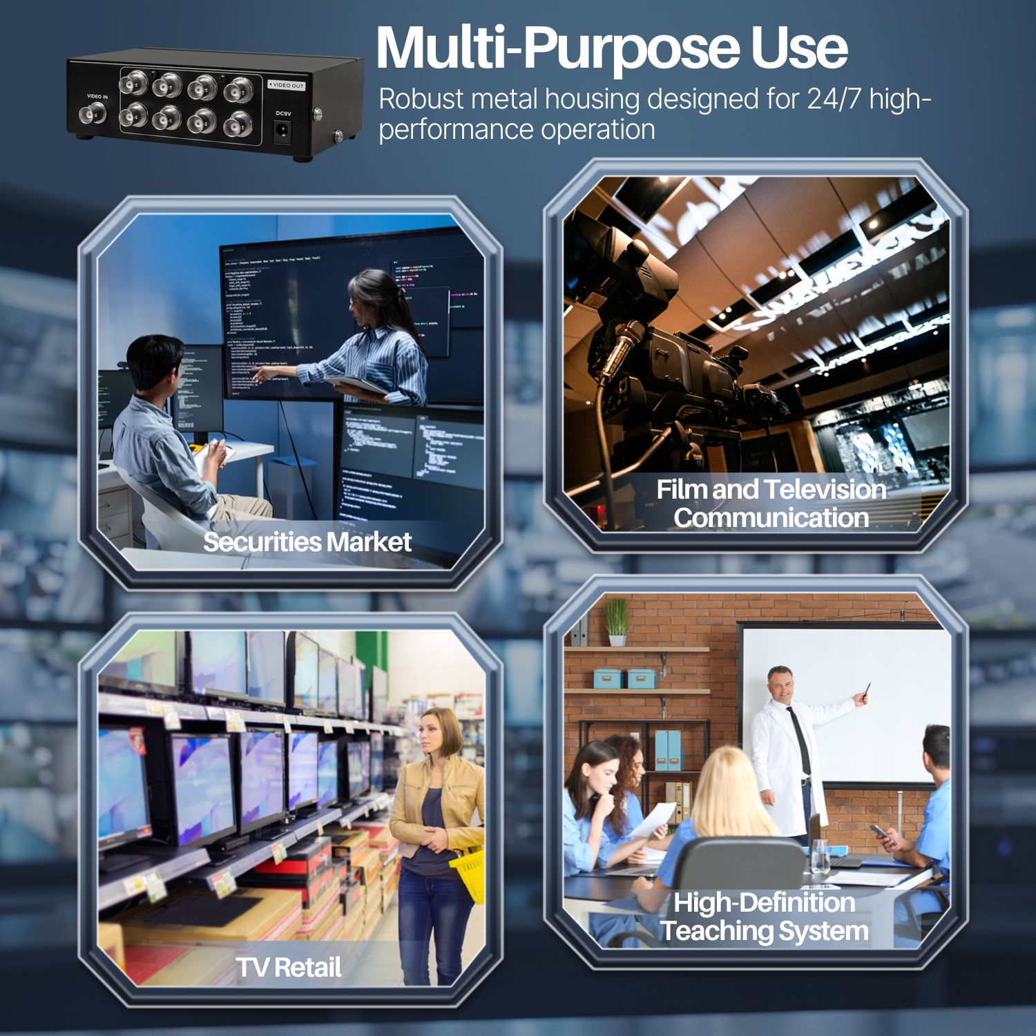 Splitter Box 1 In 8 Out (8 Port) Amplifier - Powered BNC Distribution Coaxial Composite CCTV Camera Video Splitter Extender for CCTV Surveillance Monitoring TV DVR 1 Input 8 Output