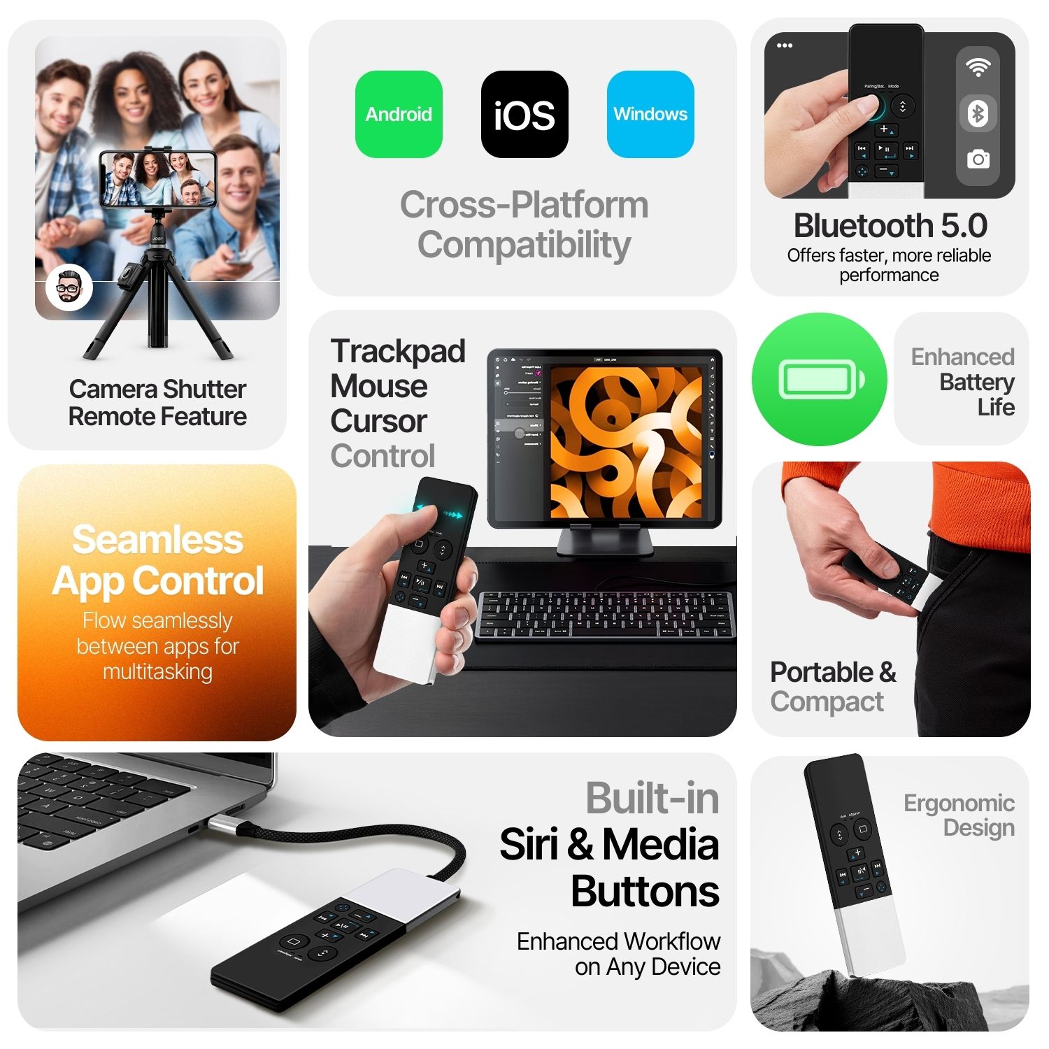 WIRELESS PRESENTER REMOTE - Conveniently control and flow between apps with the builtin iOS Home button or work as wireless presentation clicker remote for Macbook Pro, PC laptop or tablets using the trackpad and four-way arrows in PowerPoint and Keynote