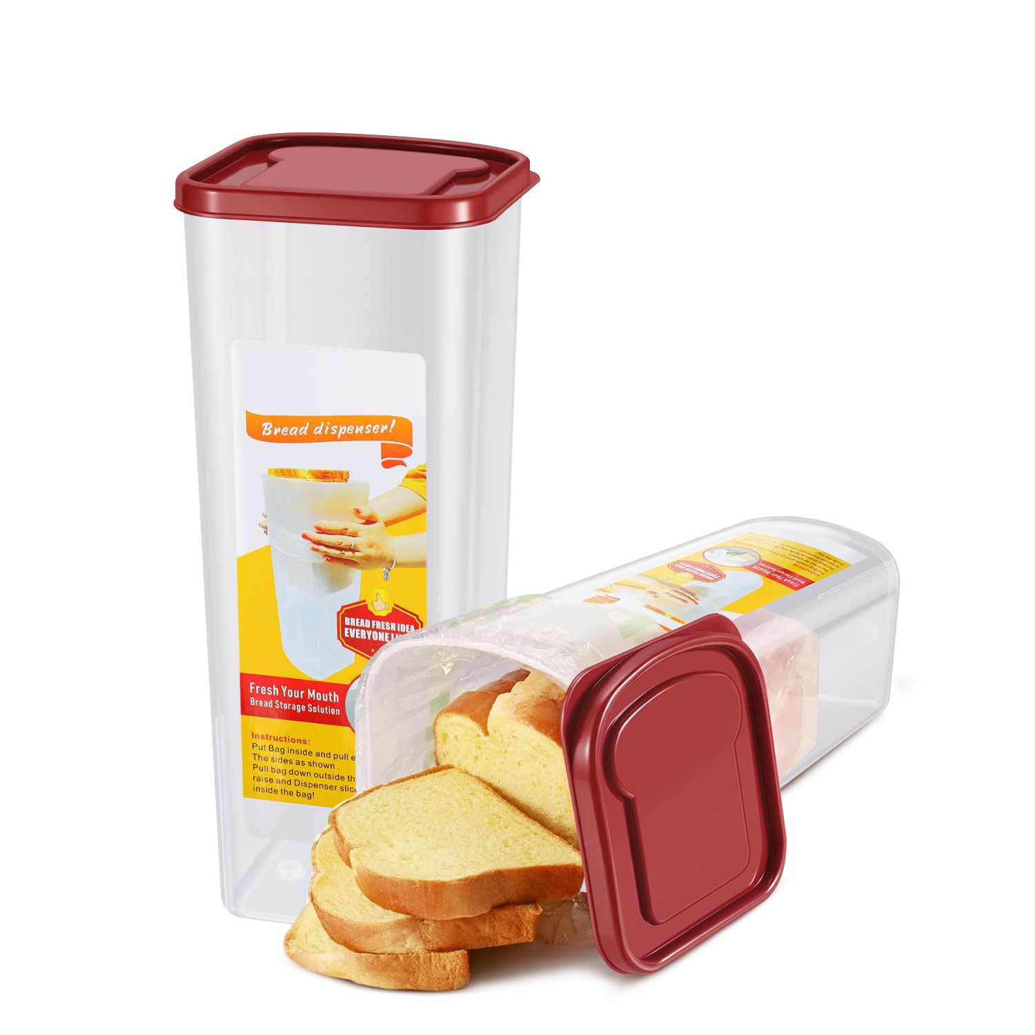 Airtight Bread Container with Lid - Bread Loaf Storage Container, Clear Bread Box for Homemade Bread BPA-Free Space-Saving & Durable Plastic Bread Container & Dispenser, Pack of 2, Red