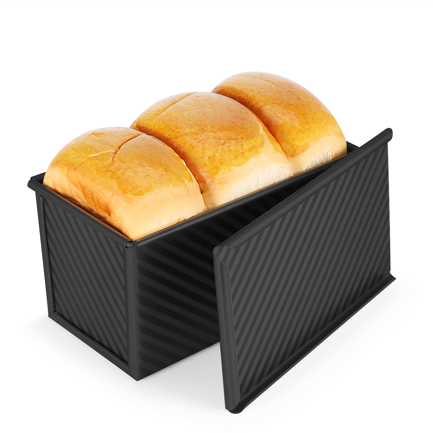 Pullman Loaf Pan with Lid Bread Loaf Pan for Homemade Bread 1lb Dough Capacity Black Corrugated Square Bread Mold, Cake, Sandwich Sourdough, Toast Form Pullman Bread Pan with Lid for Baking