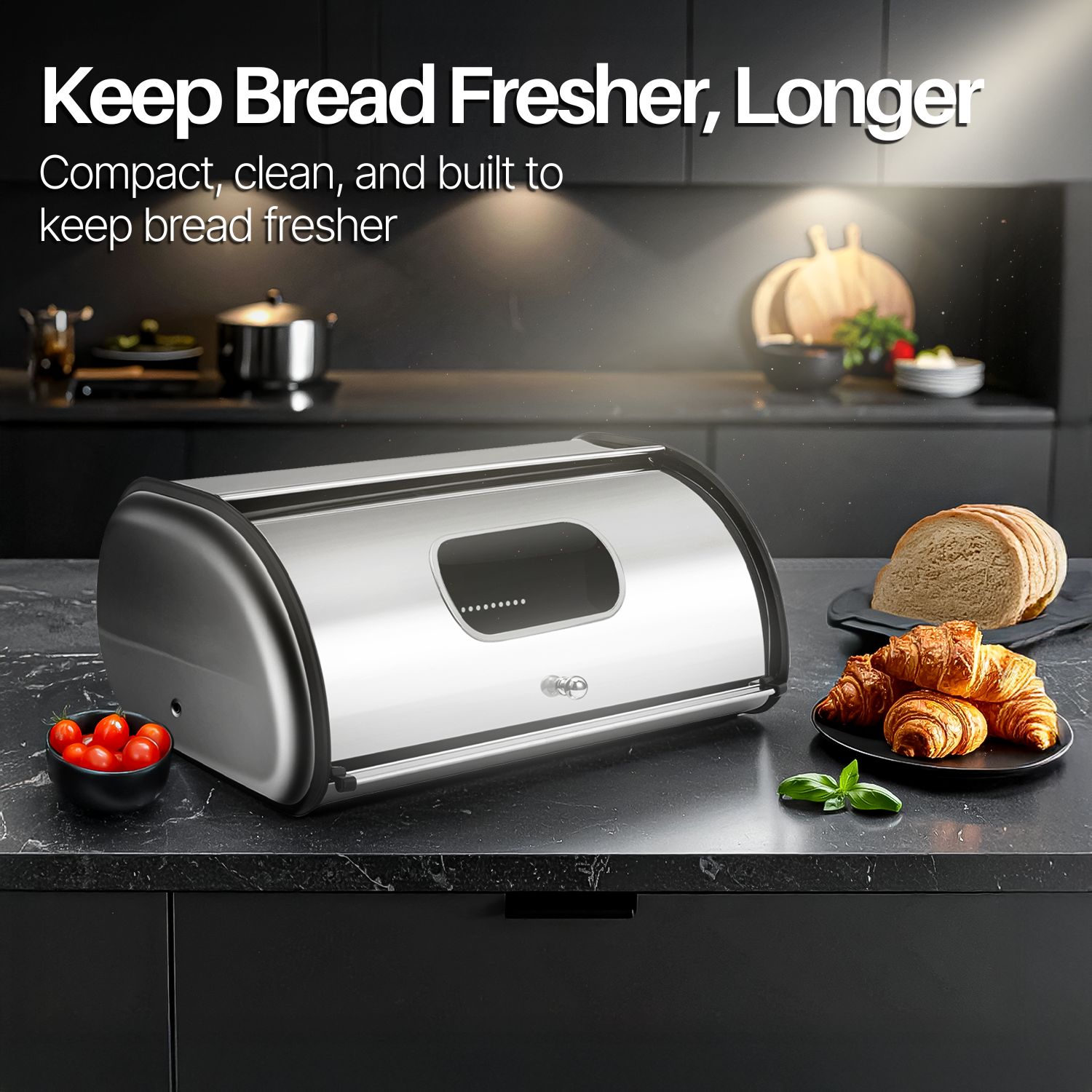Stainless Steel Bread Loaf Box with Front Window (13 inch) Metal Roll Up Top Lid, Large Container Storage Holder Bin Keeper for Kitchen Counter Countertop Homemade Cake Bun Pastry Pancake Cookie