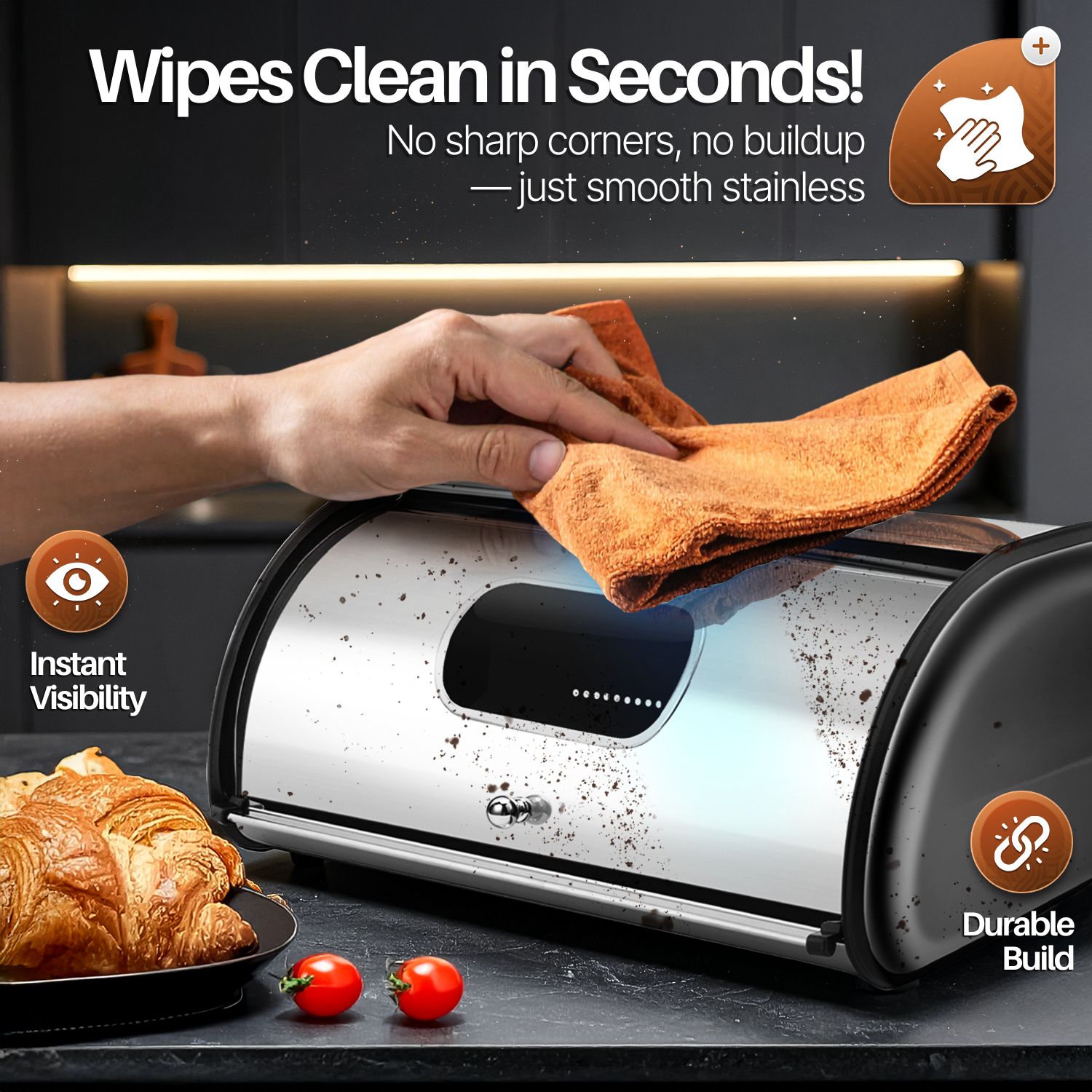 Stainless Steel Bread Loaf Box with Front Window (13 inch) Metal Roll Up Top Lid, Large Container Storage Holder Bin Keeper for Kitchen Counter Countertop Homemade Cake Bun Pastry Pancake Cookie