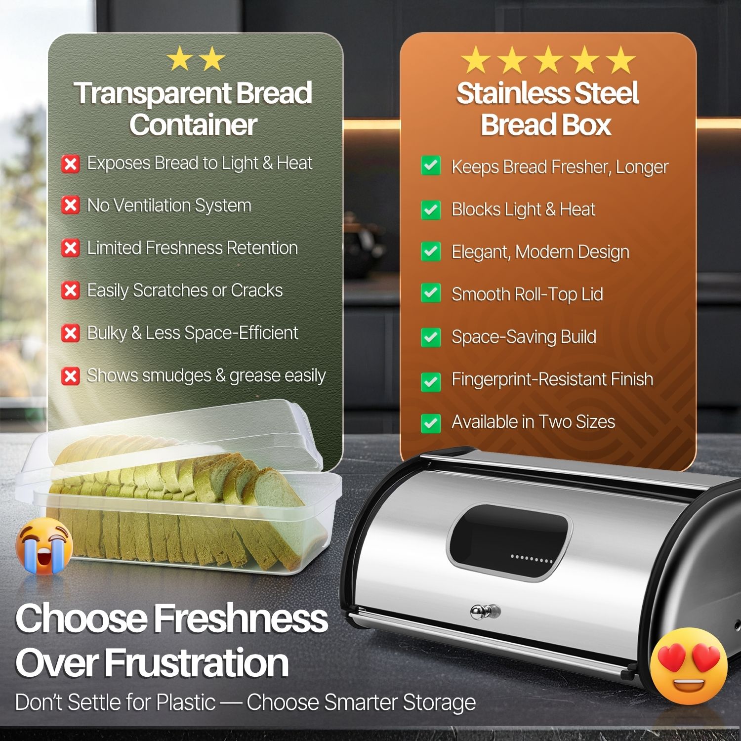 Stainless Steel Bread Loaf Box with Front Window (13 inch) Metal Roll Up Top Lid, Large Container Storage Holder Bin Keeper for Kitchen Counter Countertop Homemade Cake Bun Pastry Pancake Cookie