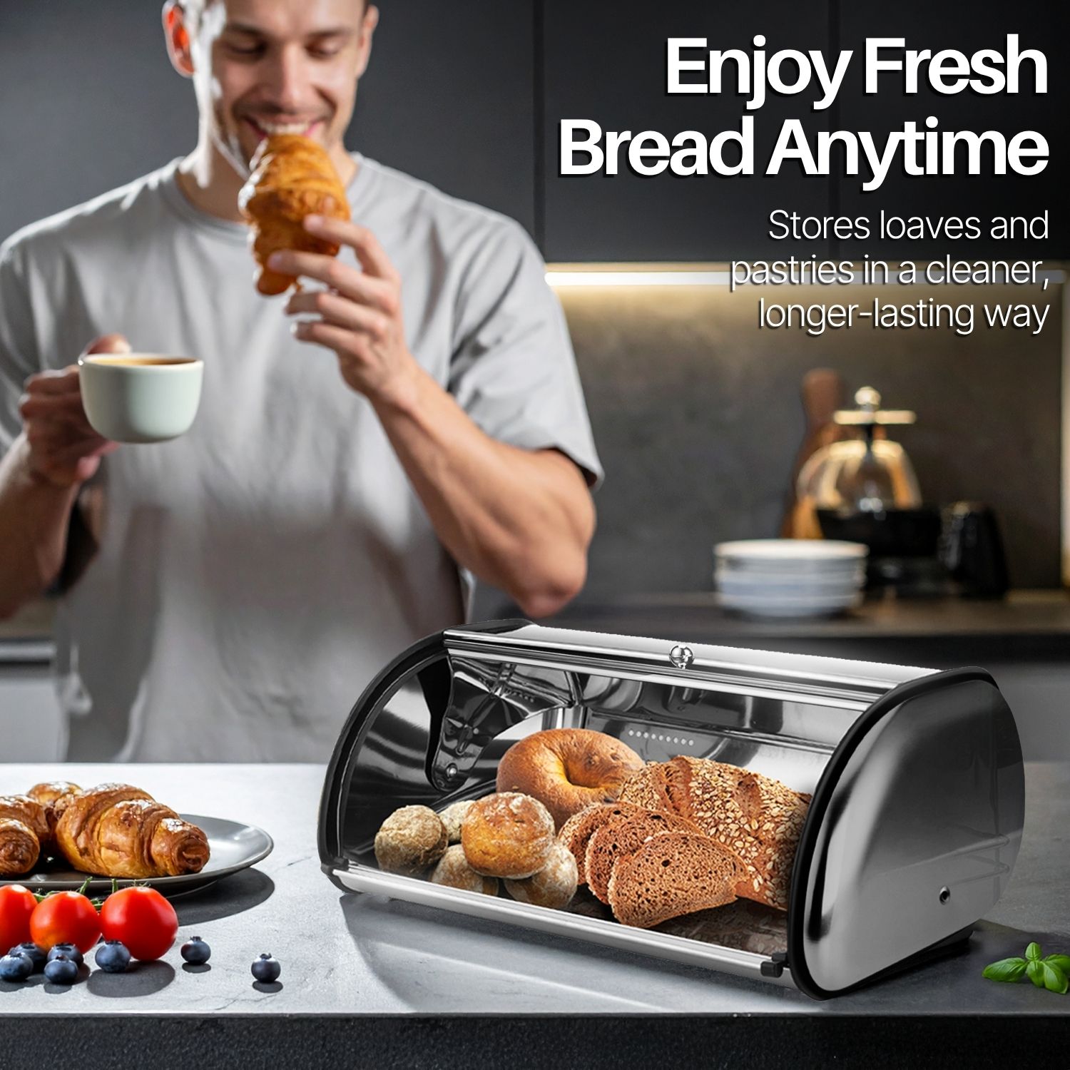 Stainless Steel Bread Loaf Box with Front Window (13 inch) Metal Roll Up Top Lid, Large Container Storage Holder Bin Keeper for Kitchen Counter Countertop Homemade Cake Bun Pastry Pancake Cookie