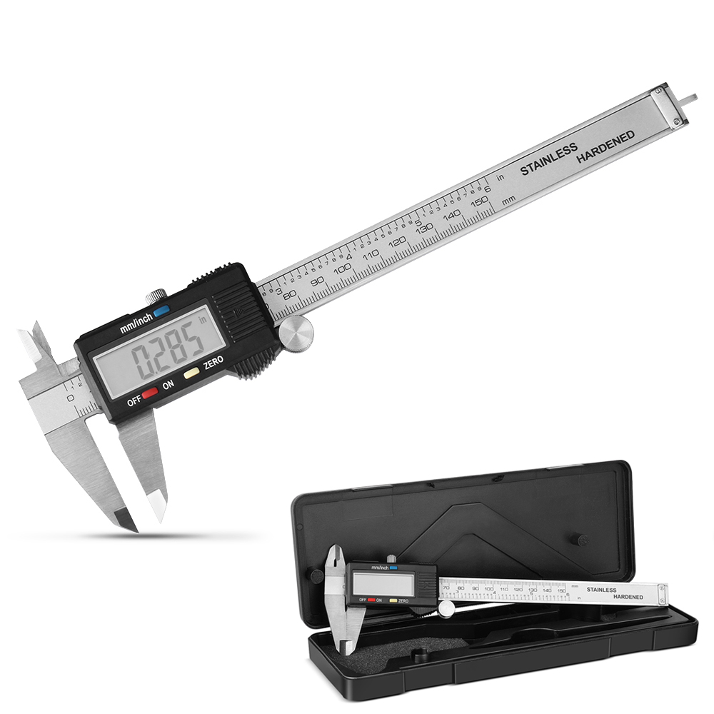 Electronic Digital Caliper, Vernier Micrometer with Stainless Steel Construction, Depth Gauge, LCD Screen and Carrying Case, 0-6 inch Measuring Range, Metric/Imperial/Fractions Conversion