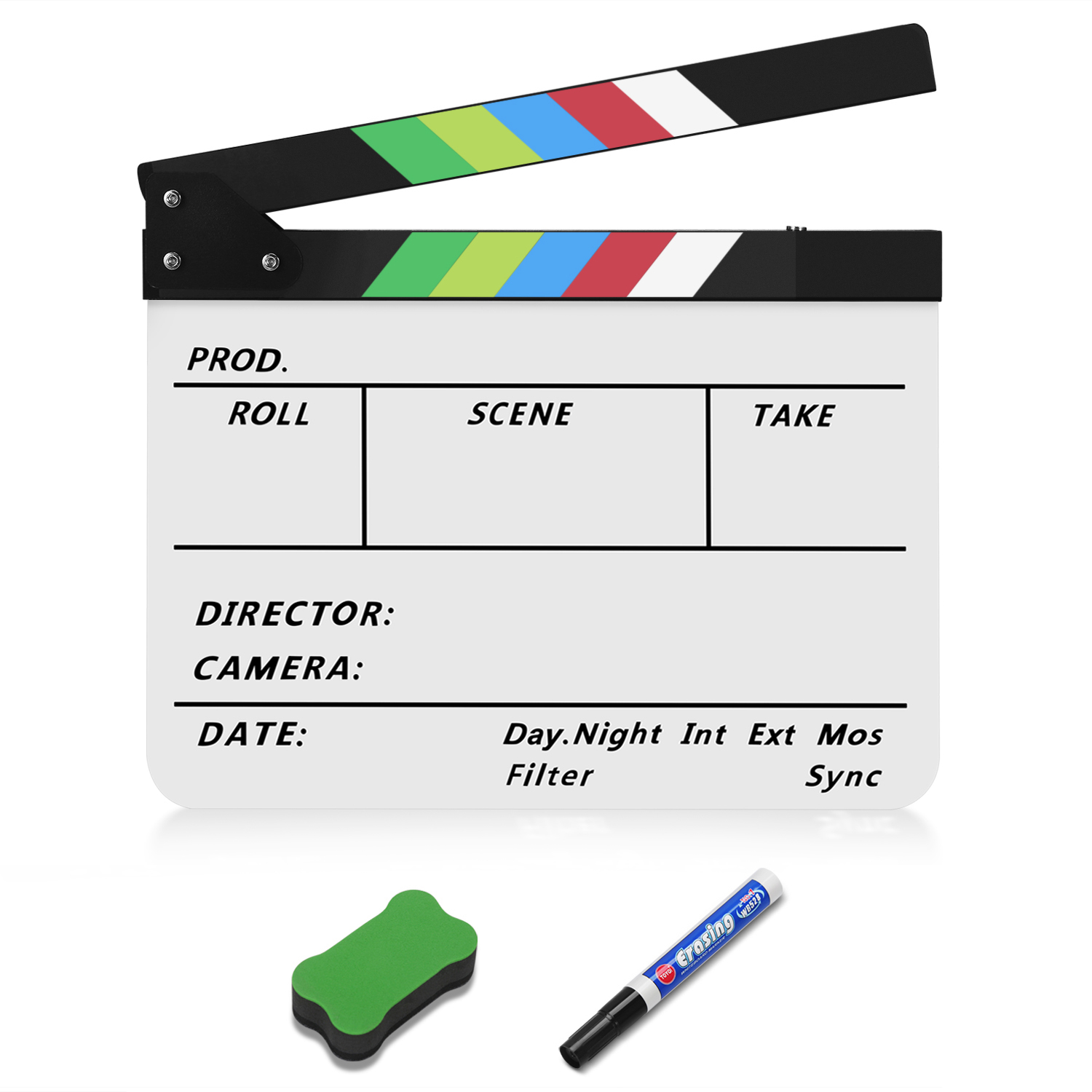 Directors Film Clapper Board Film Slate, Acrylic Plastic Dry Erase Movie Clapboard for Studio Camera Theater Props TV Video Film Cut Action Scene Slate Board 10x12" with Color Sticks