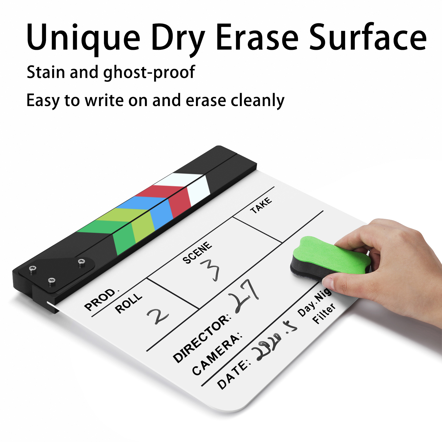 Built-in Magnet - This directors clapboard has a bult-in magnet while the sound is stable,  professional and resonant while being clapped. The compact design and size makes it convenient to carry and store in any shooting set