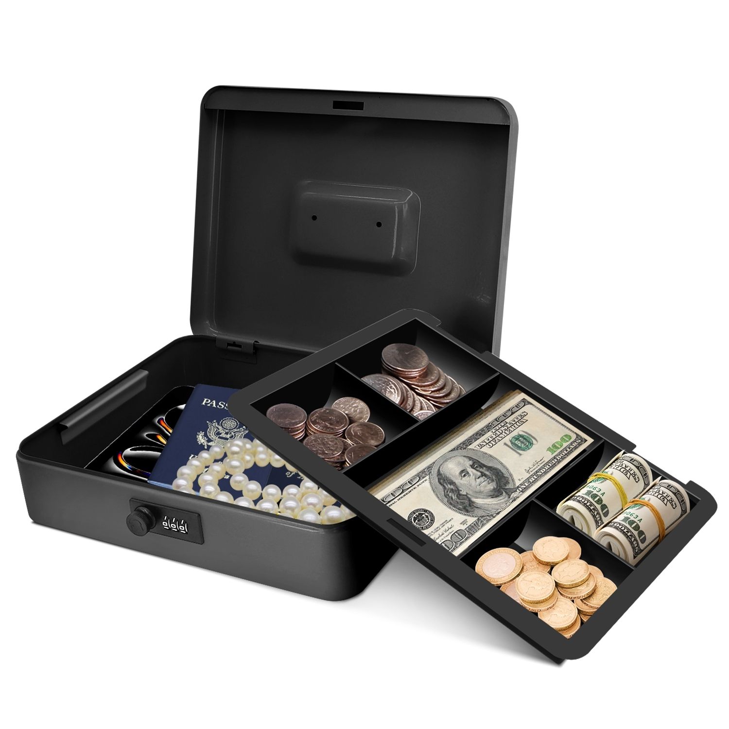 Cash Box with Key Lock and Money Coin-Tray Steel Money Lock Box Safe Storage Security Locker, Small Portable Steel Counter Cashier Drawer Spring Loaded Clips for Bills, Checks, Jewelry